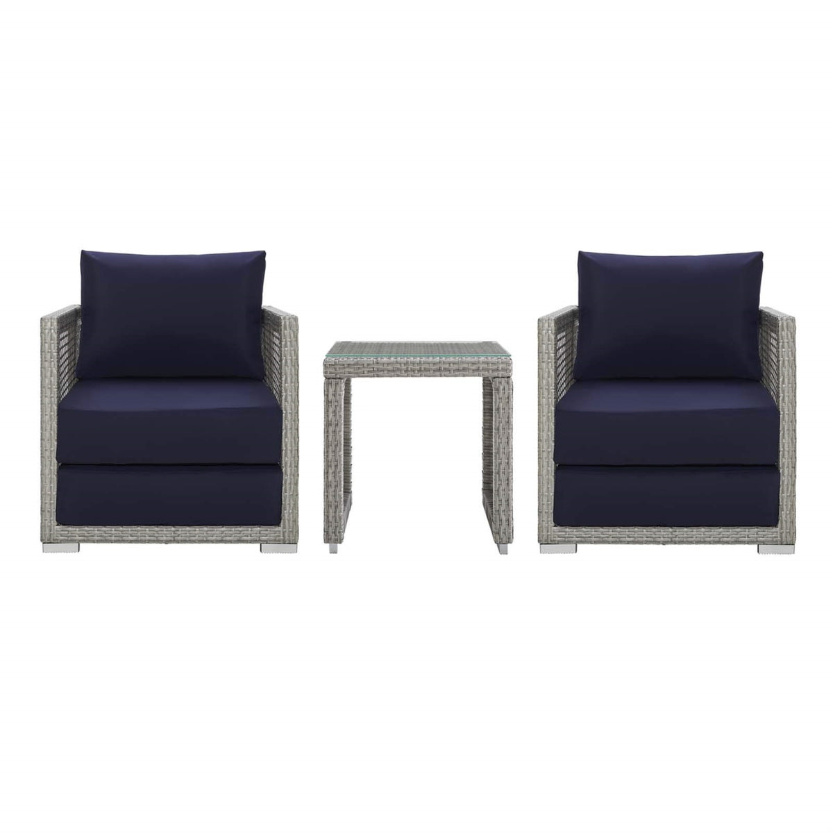 Casafoyer Aura Outdoor Patio Wicker Rattan, Side Table And Two Armchairs, Gray Navy