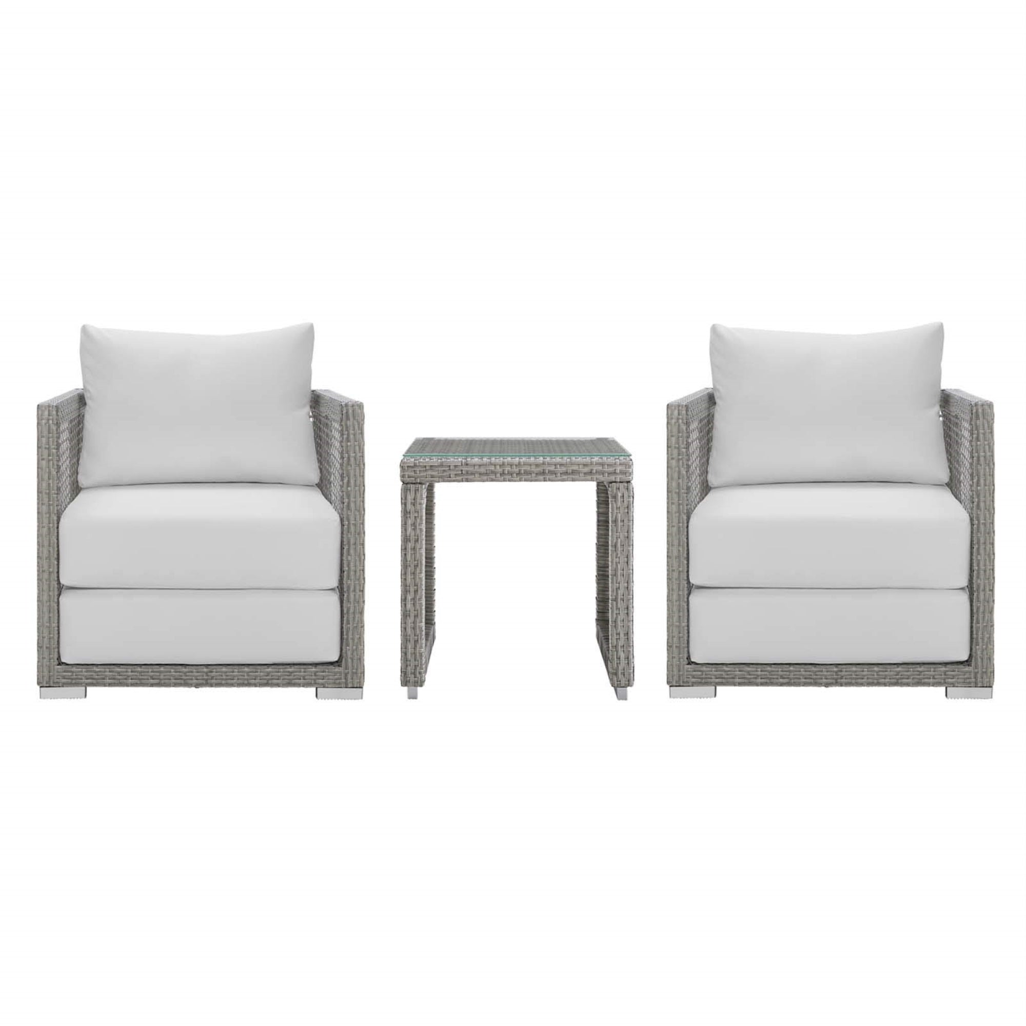 Casafoyer Aura Outdoor Patio Wicker Rattan Side Table And Two Armchairs In Gray White