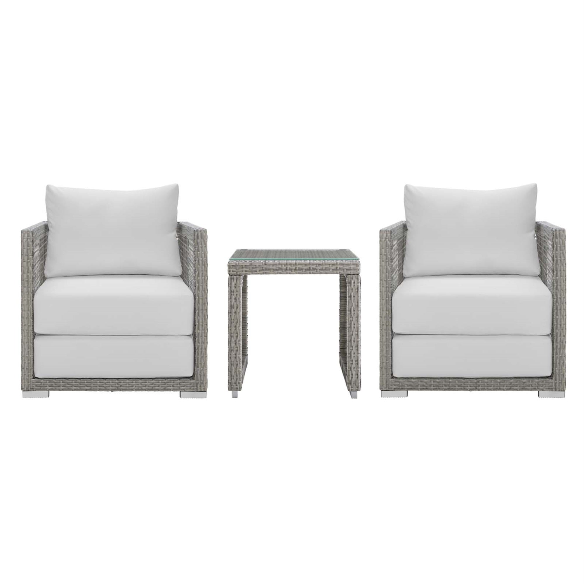 Aura Outdoor Patio Collection - Stylish And Functional 3-Piece Wicker Rattan Set With Gray-On-Gray Tone. Includes Side Table And Armchairs.