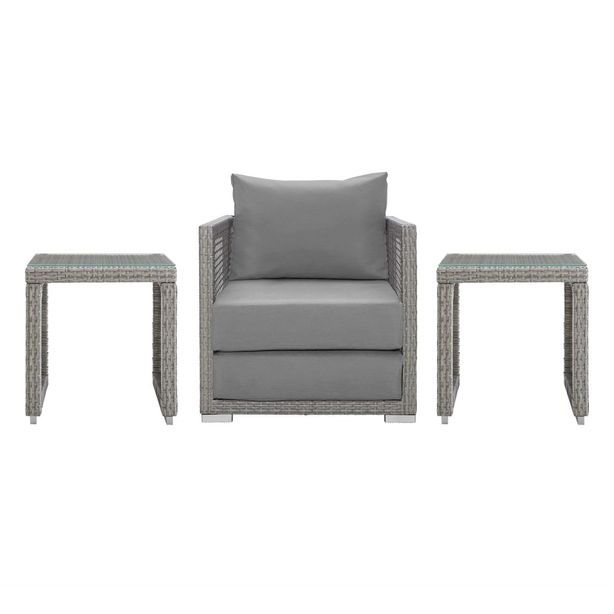 Casafoyer Aura Outdoor Patio Wicker Rattan Armchair And Two Side Tables In Gray Gray