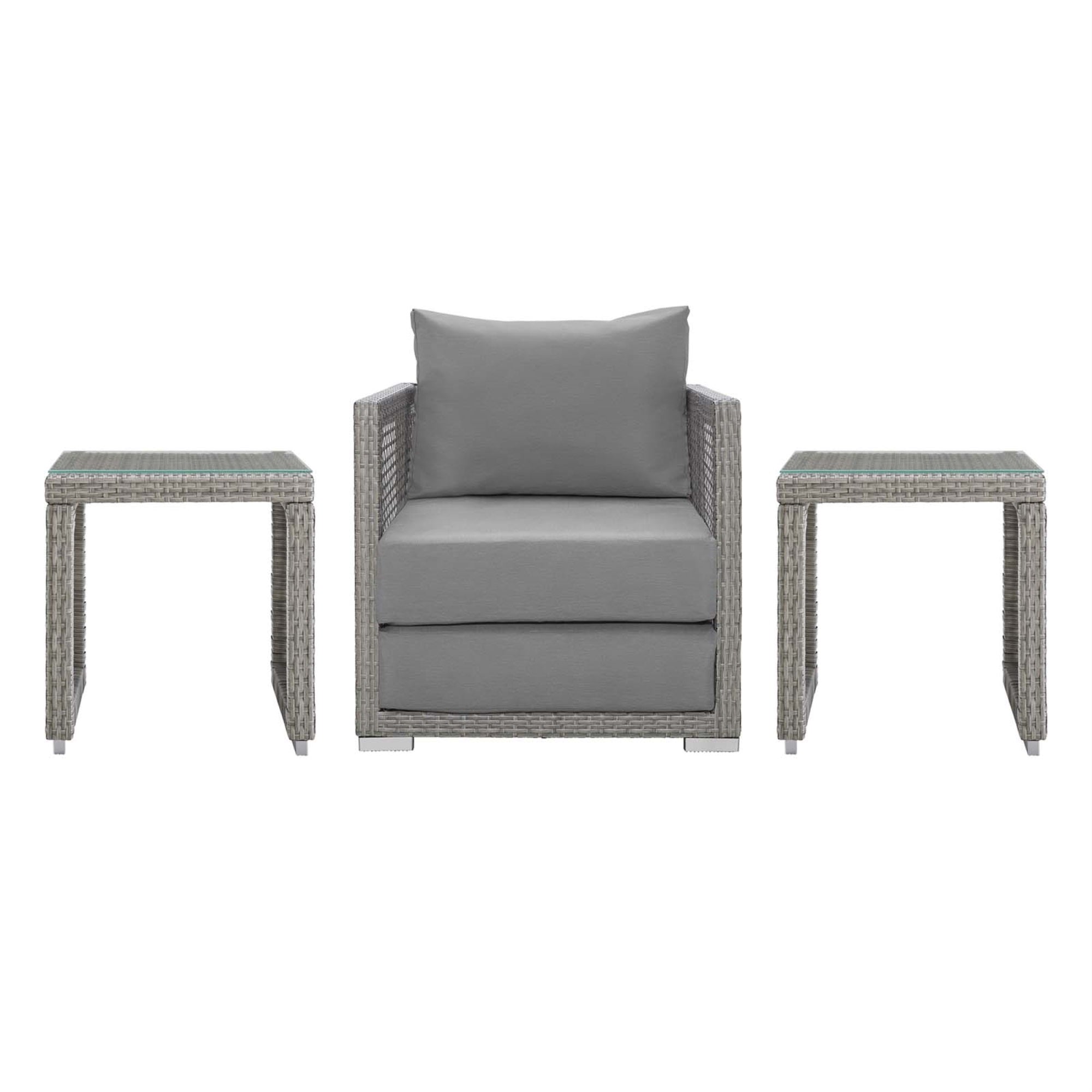 Aura Outdoor Patio Collection - Gray Gray Wicker Rattan Set With Armchair & Side Tables. All-Weather Fabric Cushions, Comfortable & Durable. Perfect For Patio, Backyard, Poolside.