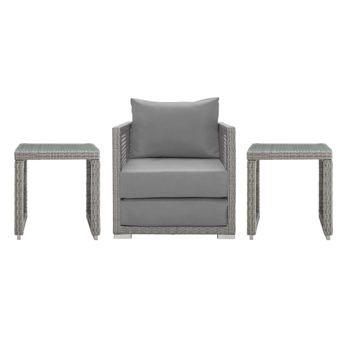 Aura Outdoor Patio Collection - Gray Gray Wicker Rattan Set With Armchair & Side Tables. All-Weather Fabric Cushions, Comfortable & Durable. Perfect For Patio, Backyard, Poolside.