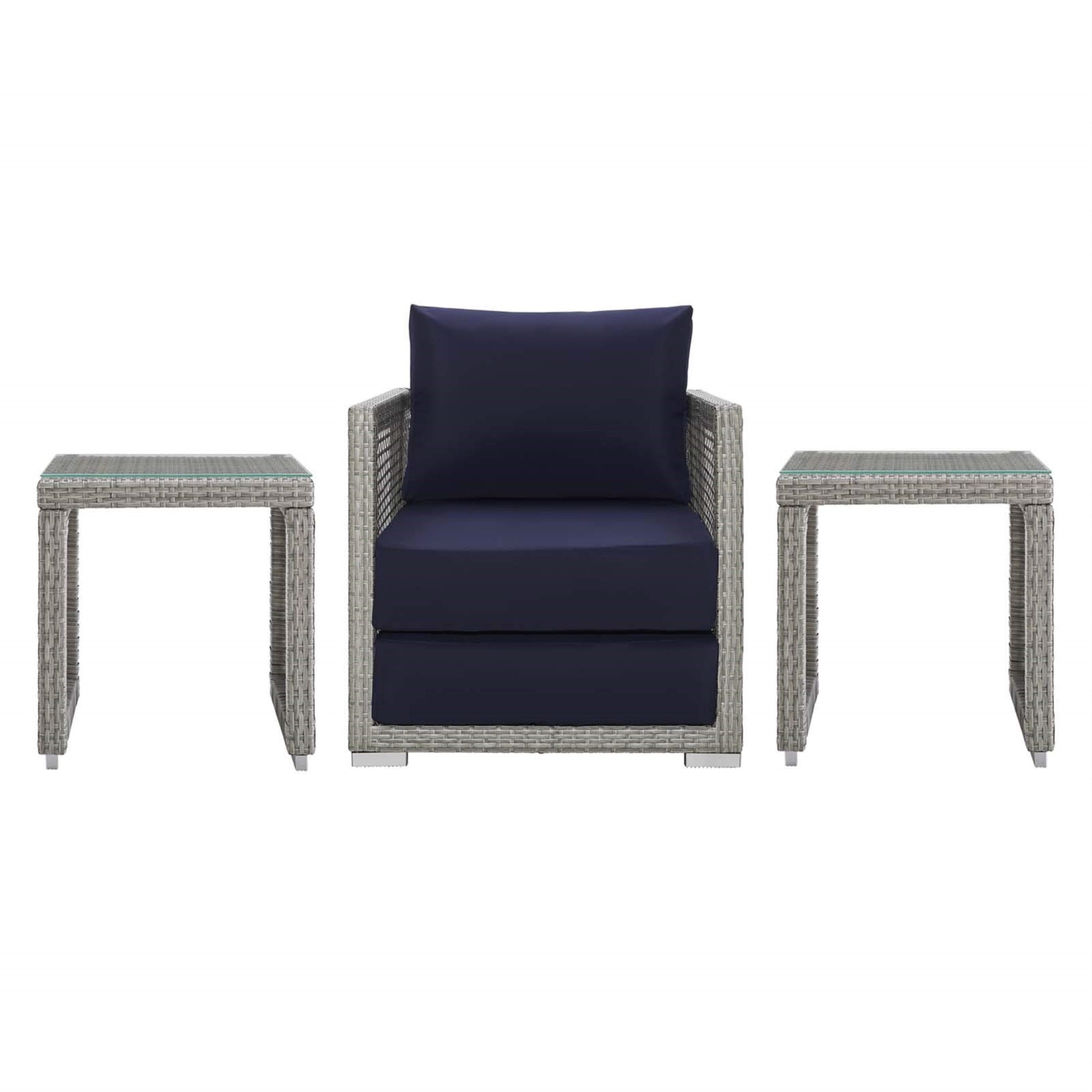 Casafoyer Aura Outdoor Patio Wicker Rattan, Armchair And Two Side Tables, Gray Navy