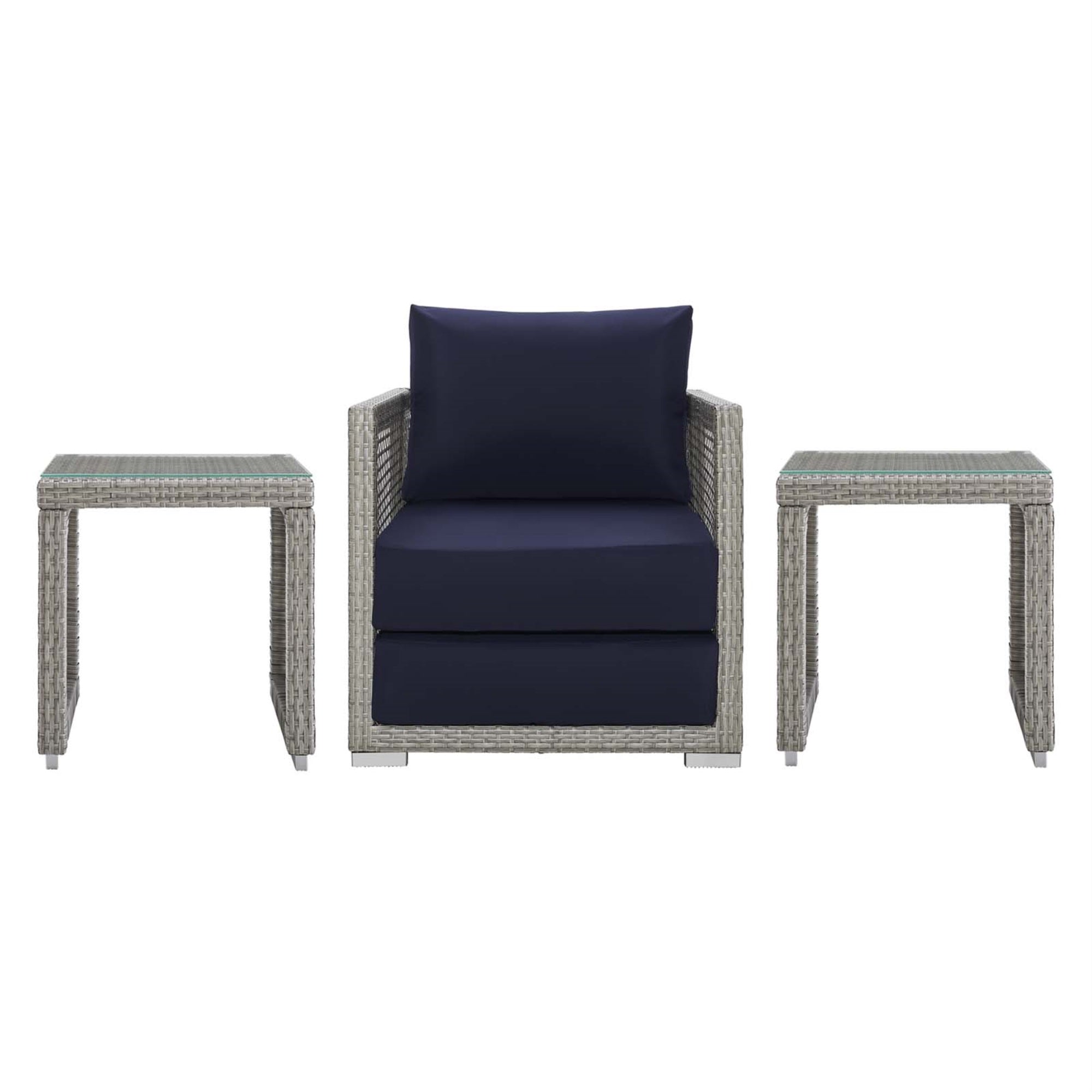 Aura Outdoor Patio Collection - Gray-On-Gray Wicker Rattan Set With Armchair & Side Tables. All-Weather Fabric Cushions, Easy Setup & Durability.