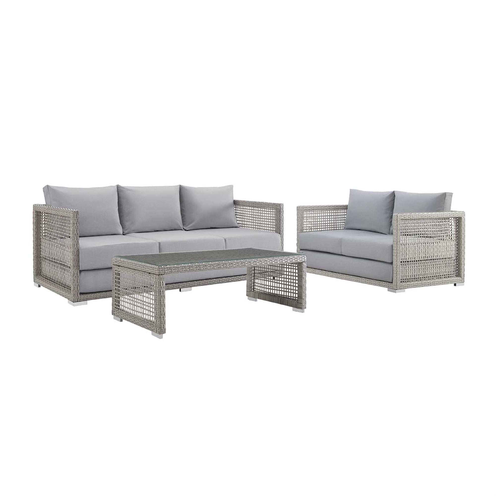 Aura Outdoor Patio Collection - Stylish & Functional Gray Wicker Rattan Set With Aluminum Frame. Includes Coffee Table, Loveseat, And Sofa.