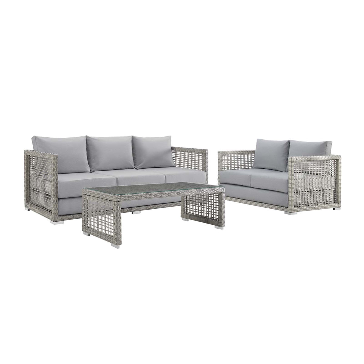 Aura Outdoor Patio Collection - Stylish & Functional Gray Wicker Rattan Set With Aluminum Frame. Includes Coffee Table, Loveseat, And Sofa.