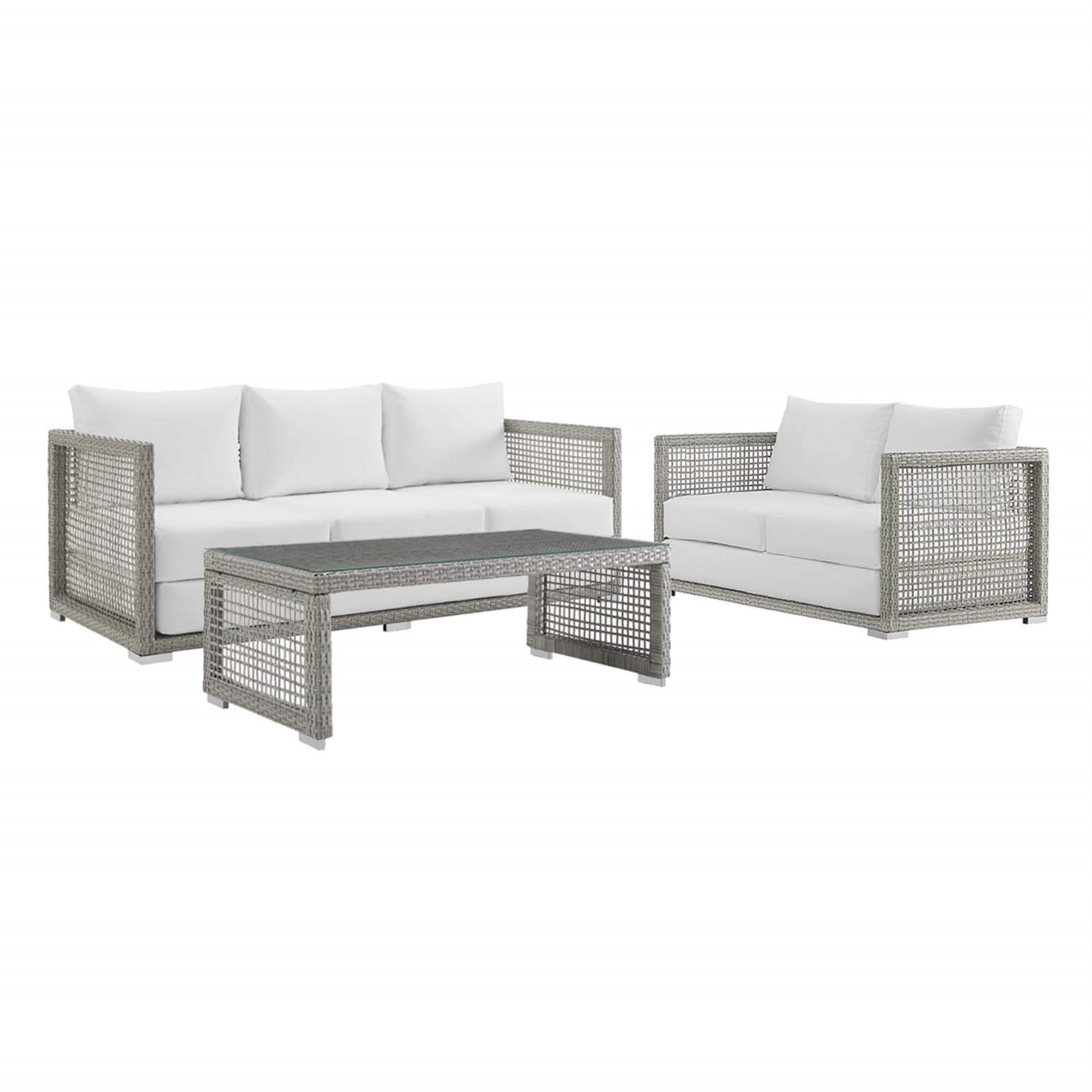 Casafoyer Aura Outdoor Patio Wicker Rattan, Sofa, Loveseat And Coffee Table, Gray White