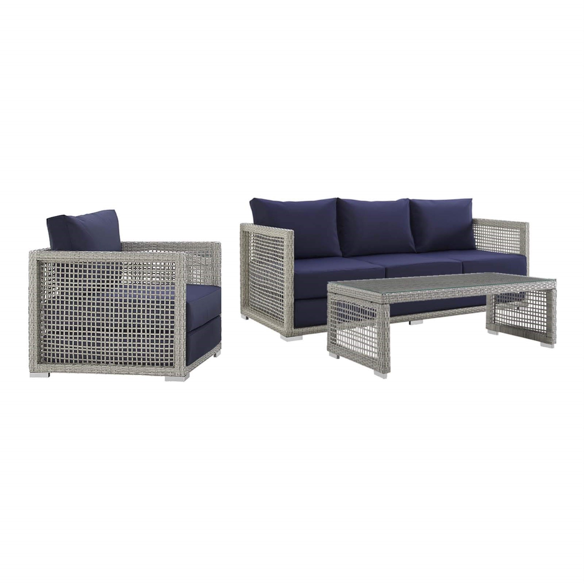 Casafoyer Aura Outdoor Patio Wicker Rattan, Sofa, Armchair And Coffee Table, Gray Navy