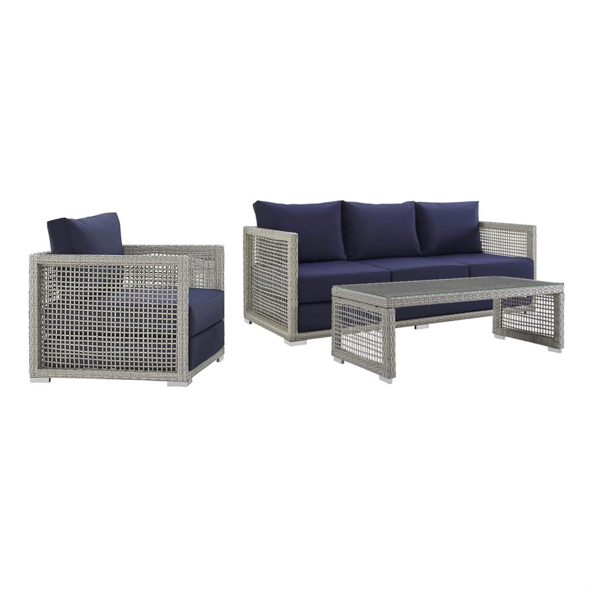 Casafoyer Aura Outdoor Patio Wicker Rattan, Sofa, Armchair And Coffee Table, Gray Navy