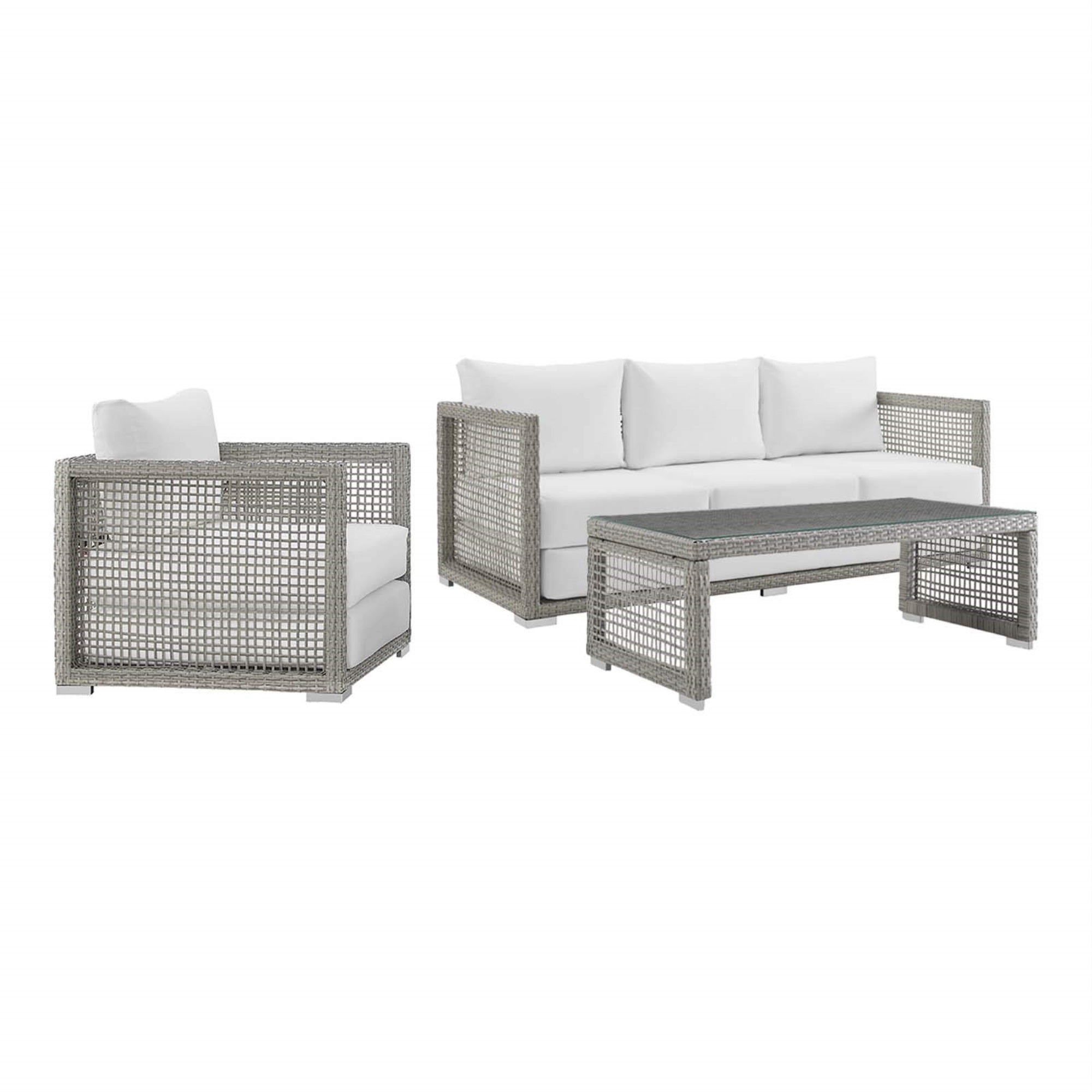 Casafoyer Aura Outdoor Patio Wicker Rattan Sofa, Armchair And Coffee Table In Gray White