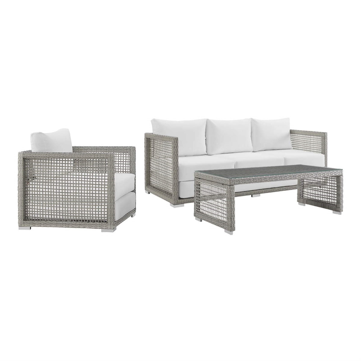 Casafoyer Aura Outdoor Patio Wicker Rattan Sofa, Armchair And Coffee Table In Gray White