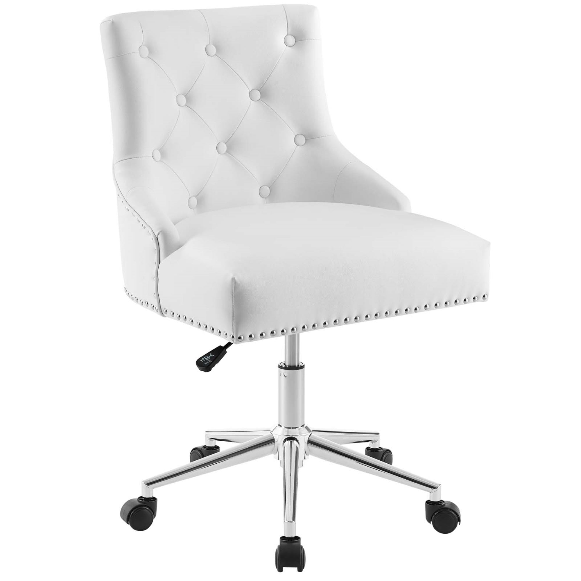 Regent Button Tufted Upholstered Faux Leather Swivel Office Chair - Timeless Charm & Sophisticated Allure - Metal Nailhead Trim - Padded Back & Seat - Polished Chrome Base - 360-Degree Swivel - Pneumatic Height Adjustment - 287 Lbs Weight Capacity - White
