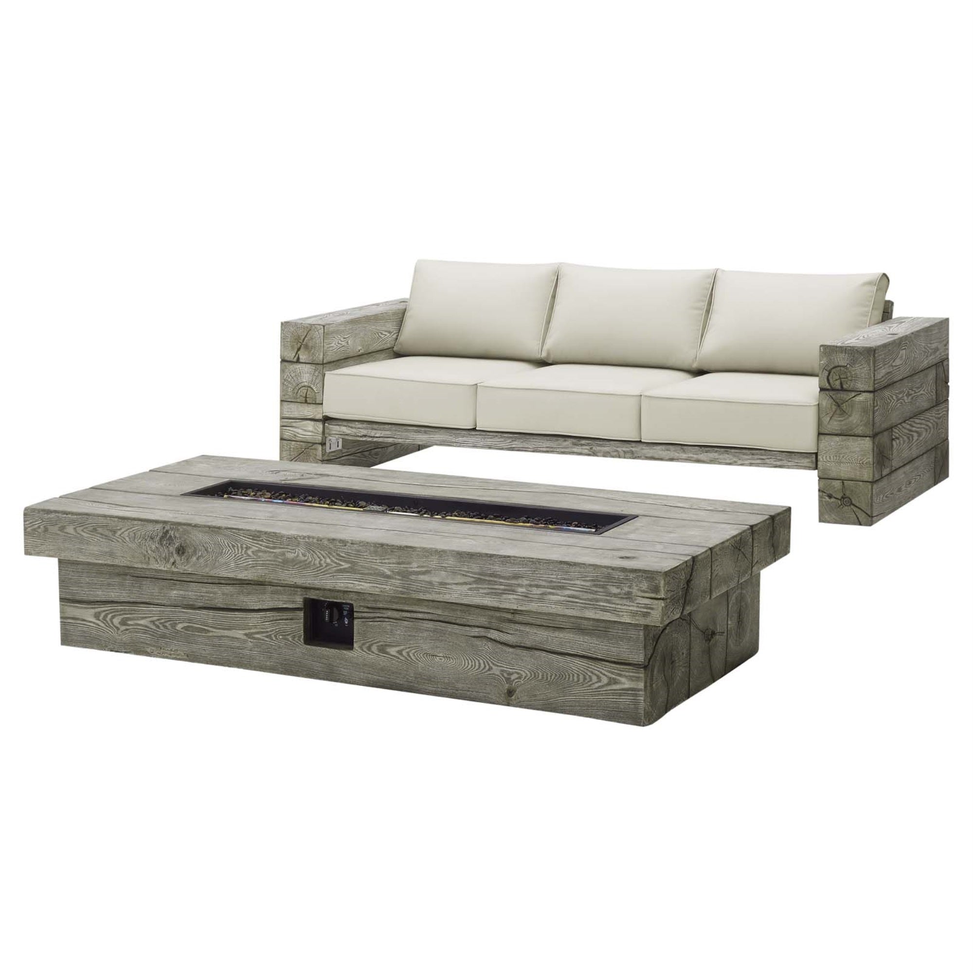 Manteo Outdoor Patio Sofa Set With Fire Pit Table - Driftwood Finish, All-Weather Cushions, 50,000 Btu Burner, Pvc Cover.