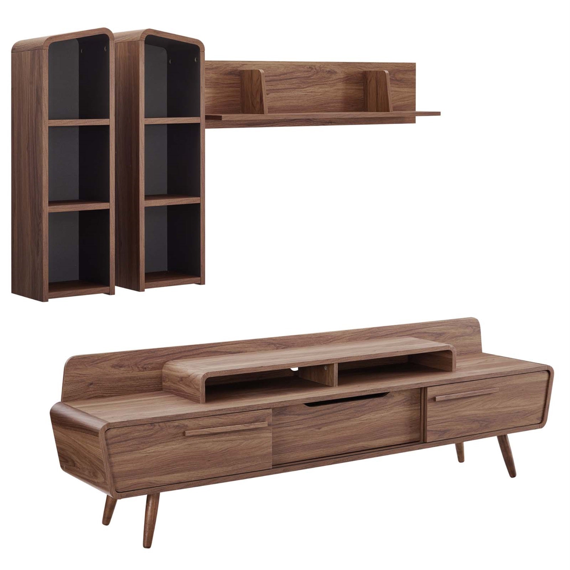 Omnistand Mid-Century Tv Stand & Wall Shelf Set - Sleek Design, Wood Grain Texture, Cable Management, Media Storage - Walnut Gray
