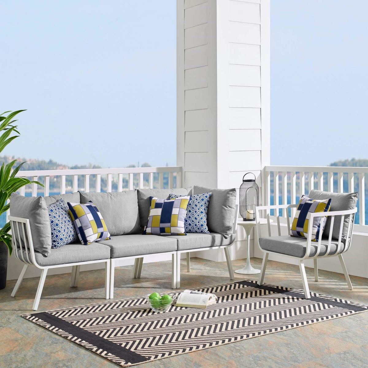Casafoyer Riverside 4 Piece Outdoor Patio Aluminum Set, 114 X 61.5 X 28, White Gray
