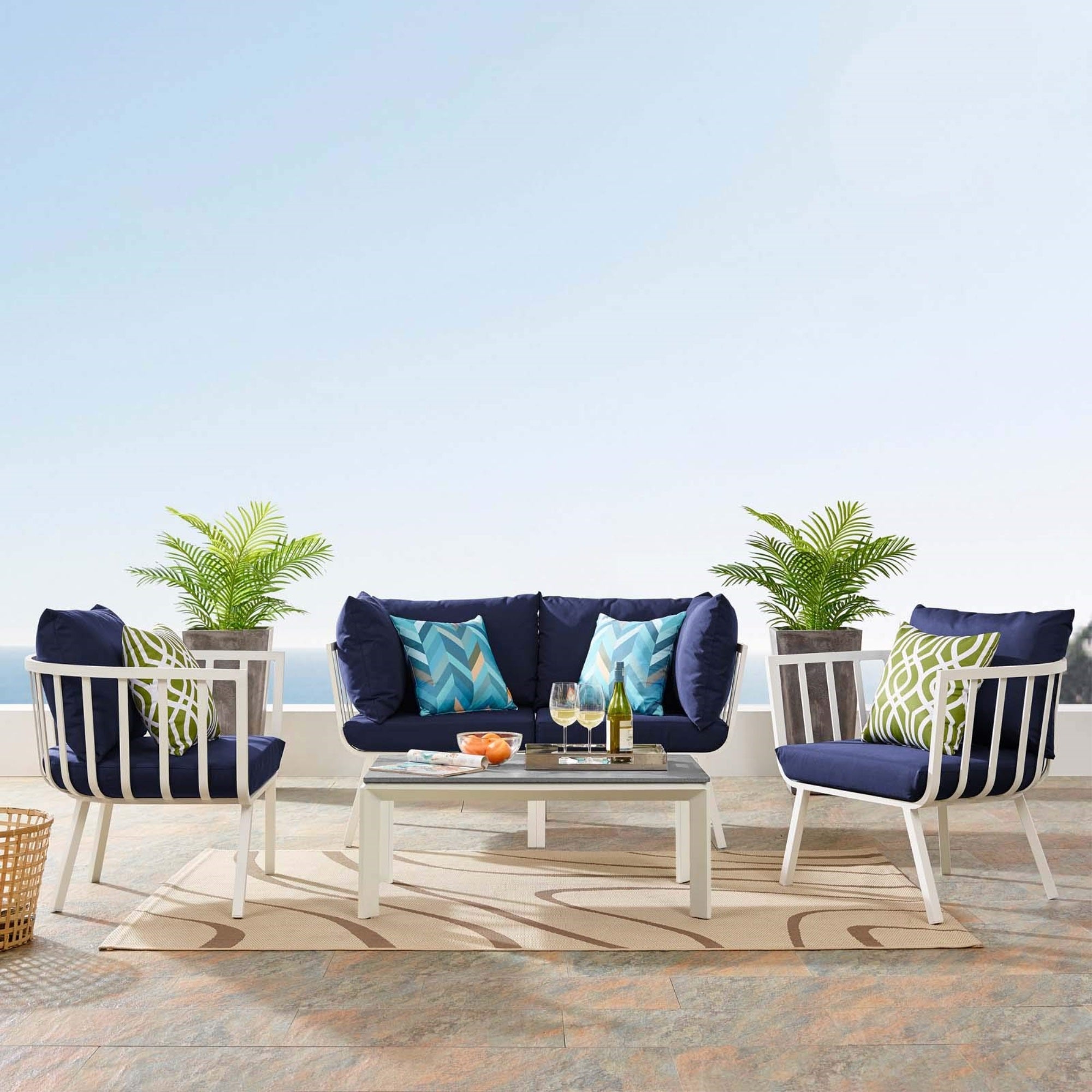 Casafoyer Riverside 5 Piece Outdoor Patio Aluminum Set In White Navy, 61.5 X 116 X 28