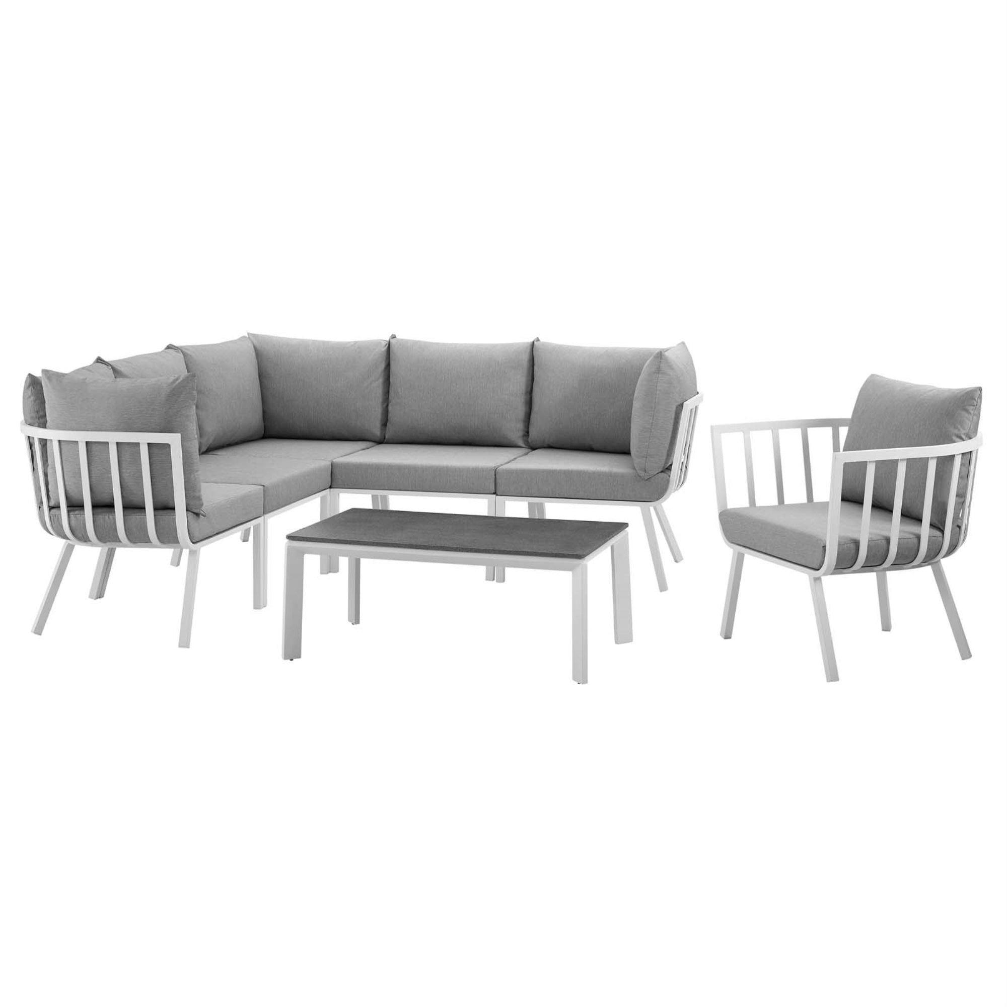 Riverside Outdoor Patio Aluminum Sectional Set - Coastal Design, Uv-Resistant Cushions, Sturdy Frame, Scratch-Resistant Cement Top - 7 Piece Set