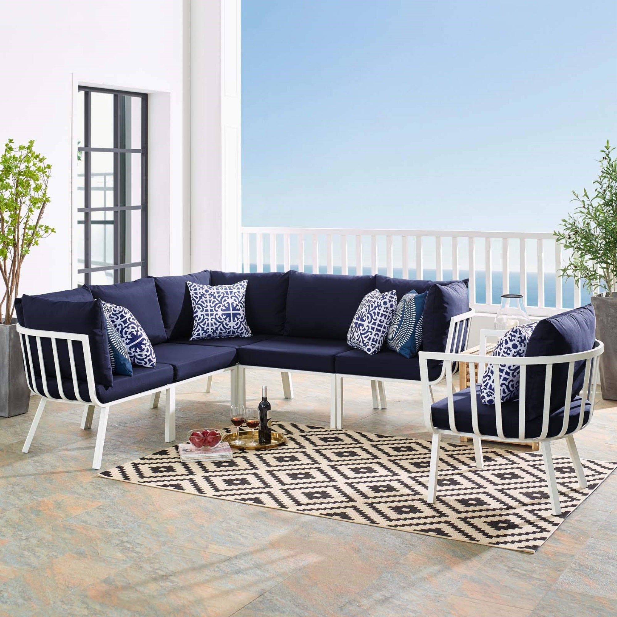 Casafoyer Riverside Outdoor Patio Aluminum Sectional Set, 85.5 X 114 X 28, White Navy