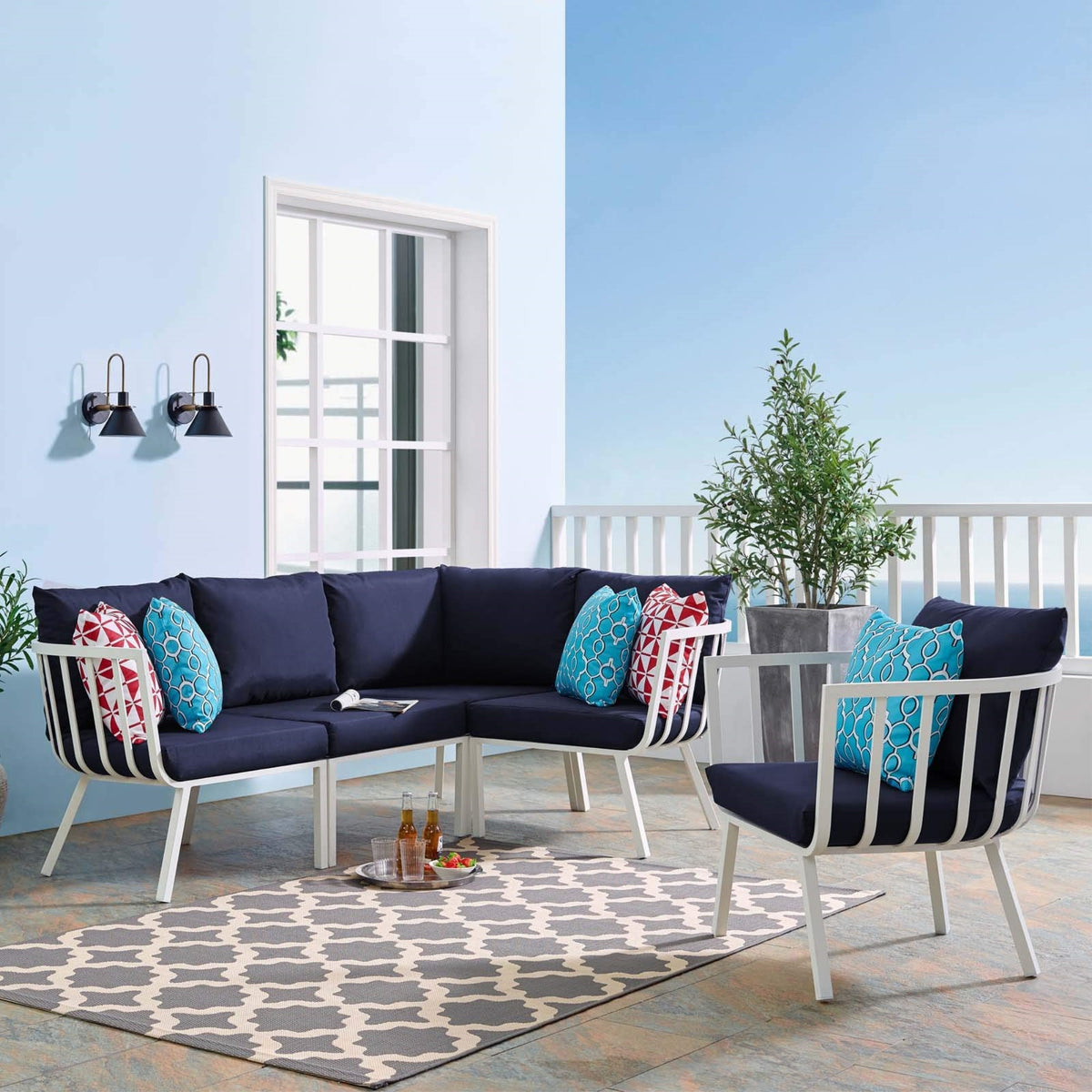Casafoyer Eei-3792-Whi-Nav Riverside 5 Piece Outdoor Patio Aluminum Set In White Navy