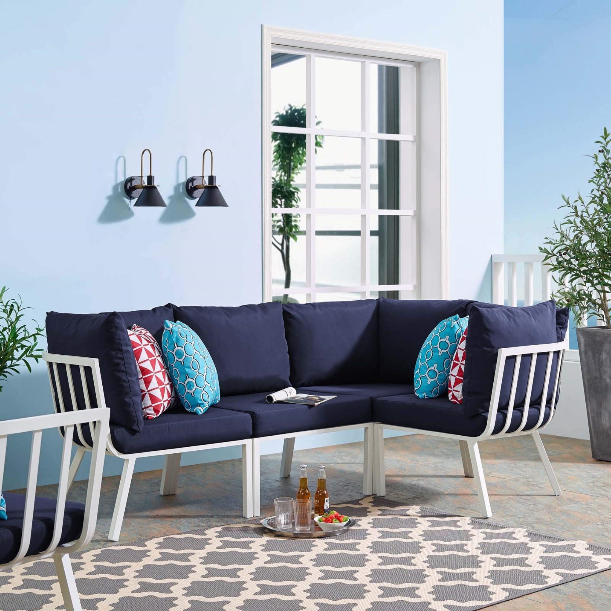 Casafoyer Riverside Outdoor Patio Aluminum Sectional Set, 59' L X 85. 5' W X 28' H, White Navy