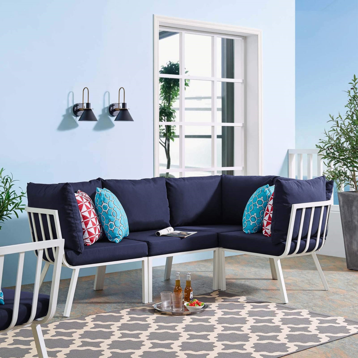 Casafoyer Riverside Outdoor Patio Aluminum Sectional Set, 59' L X 85. 5' W X 28' H, White Navy