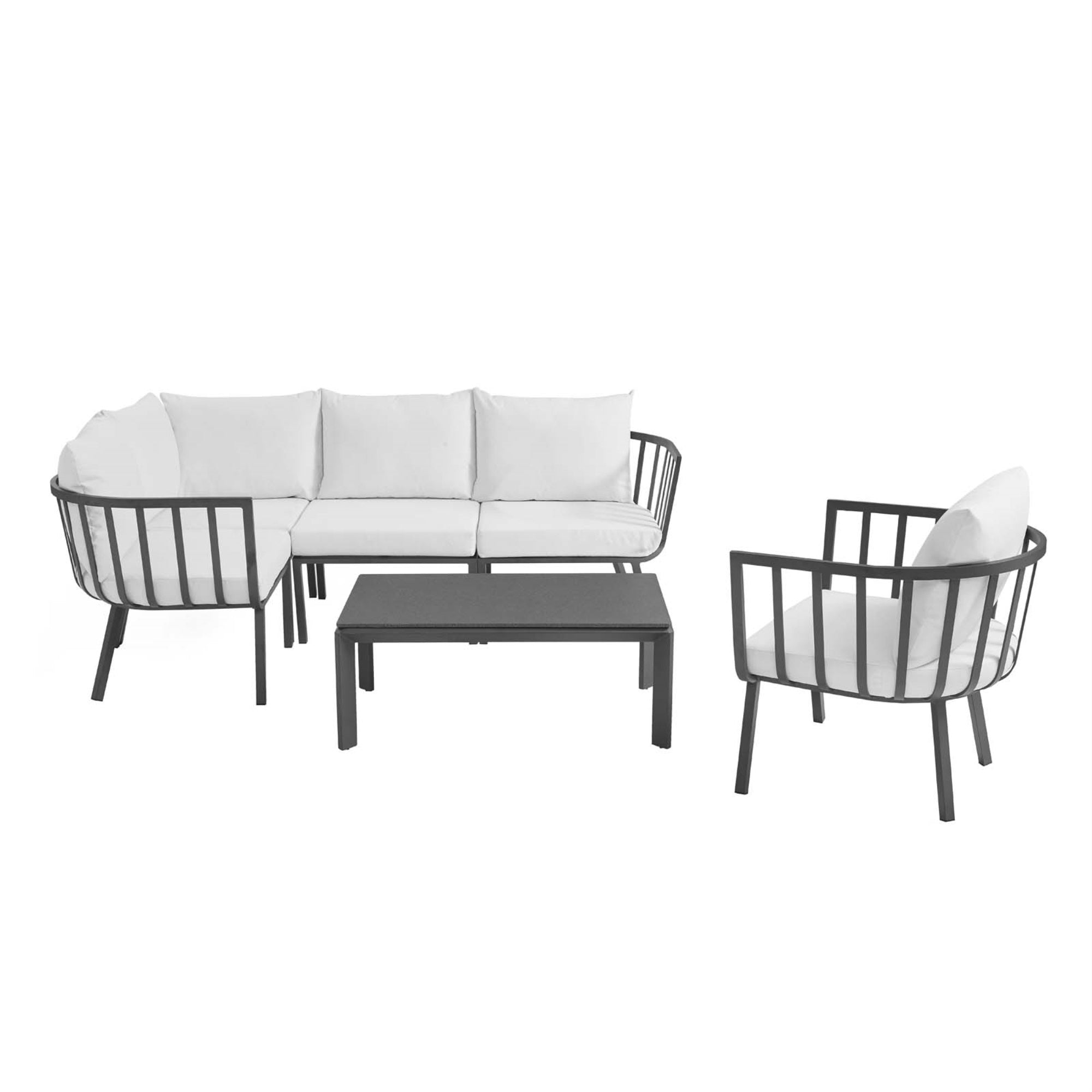 Riverside Outdoor Patio Aluminum Sectional Set - Coastal Design, Uv-Resistant Cushions, Sturdy Frame, Scratch-Resistant Table - 6 Piece Gray White