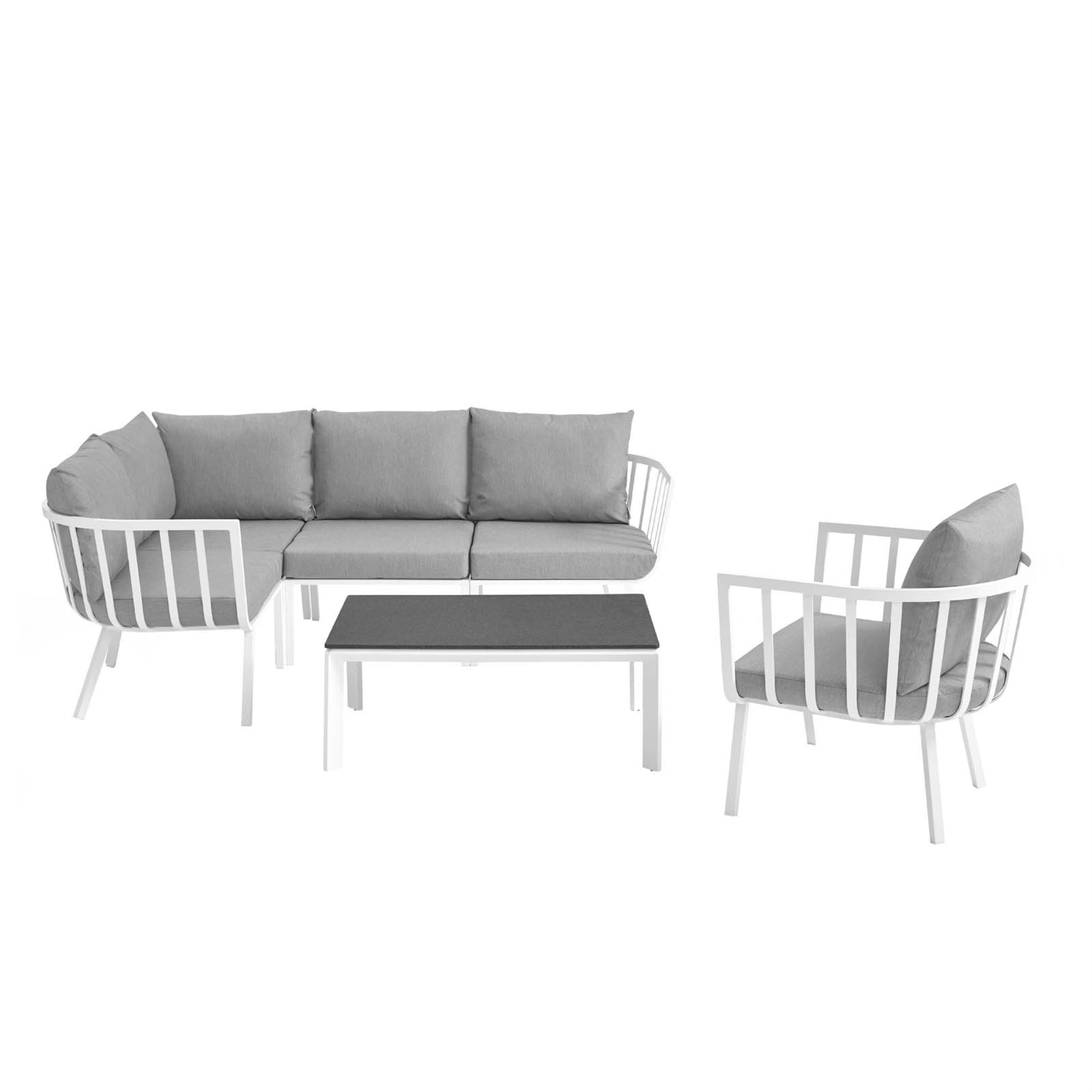 Riverside Outdoor Patio Aluminum Sectional Set - Coastal Design, Uv-Resistant Cushions, Sturdy Frame, Scratch-Resistant Cement Top. Includes Coffee Table, Armchair, Armless Chair, And Corner Chairs.