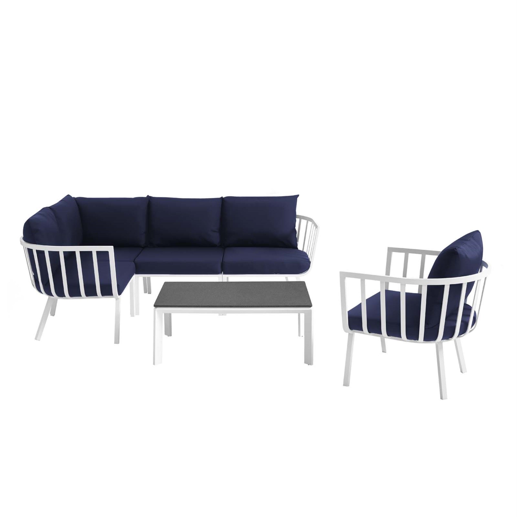 Riverside Outdoor Patio Aluminum Sectional Set - Coastal Design, Uv-Resistant Cushions, Sturdy Frame, Scratch-Resistant Table, Foot Caps, 6 Piece