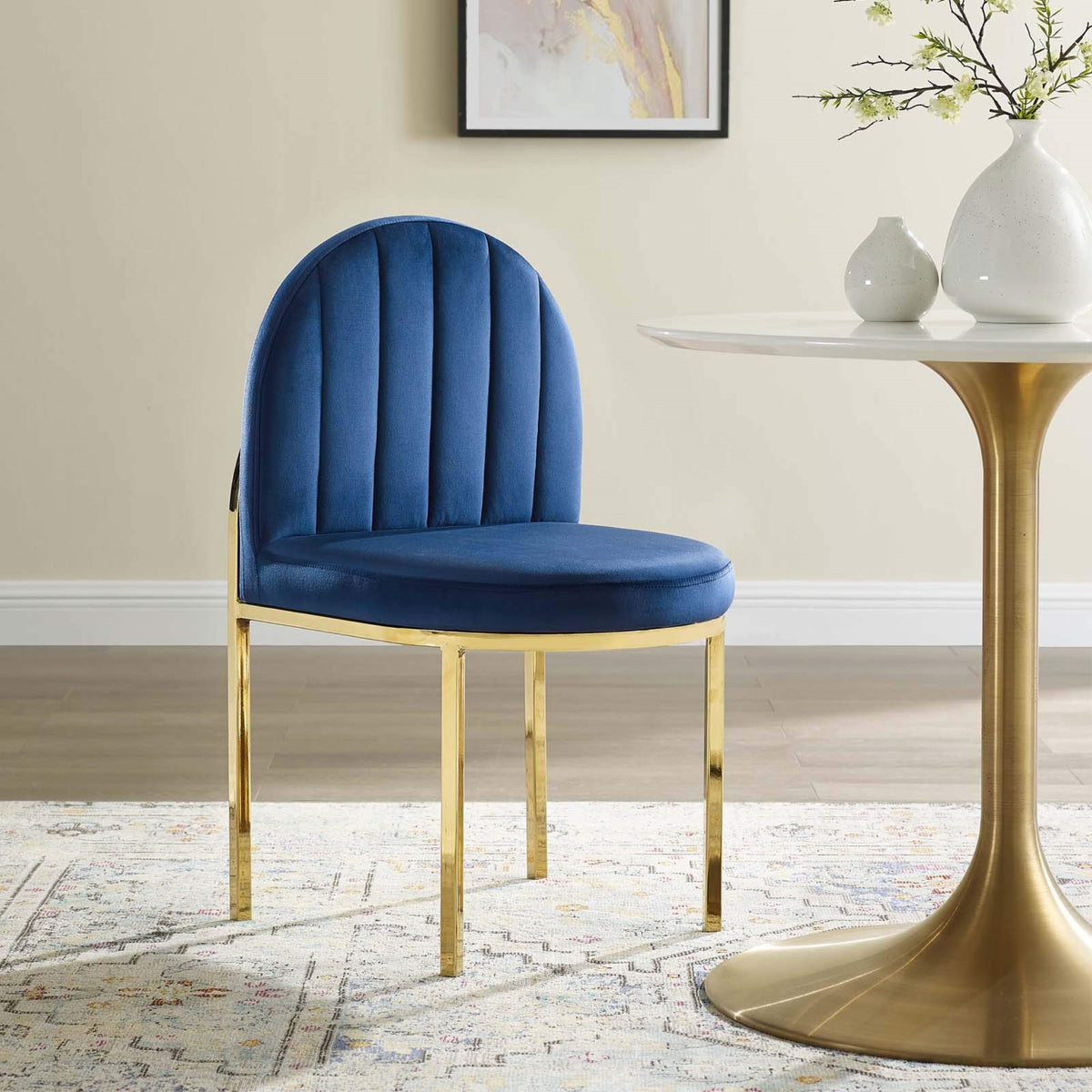 Casafoyer Isla Channel Tufted Performance Velvet Dining Side Chair, Gold Navy