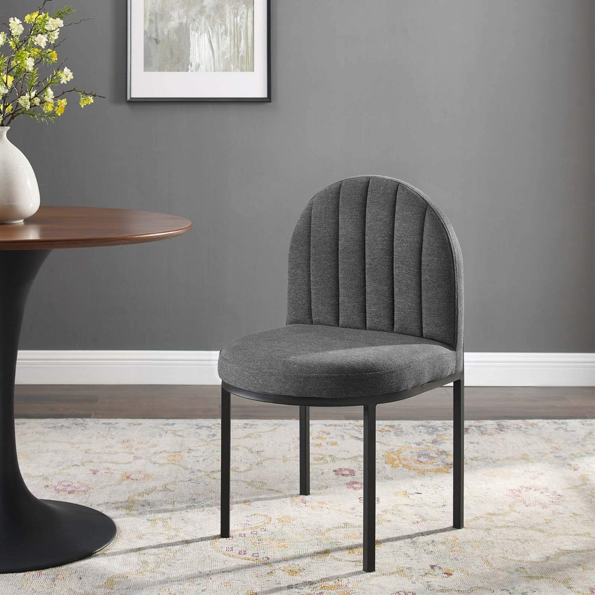 Casafoyer Isla Channel Tufted Upholstered Fabric Dining Side Chair, Black Charcoal
