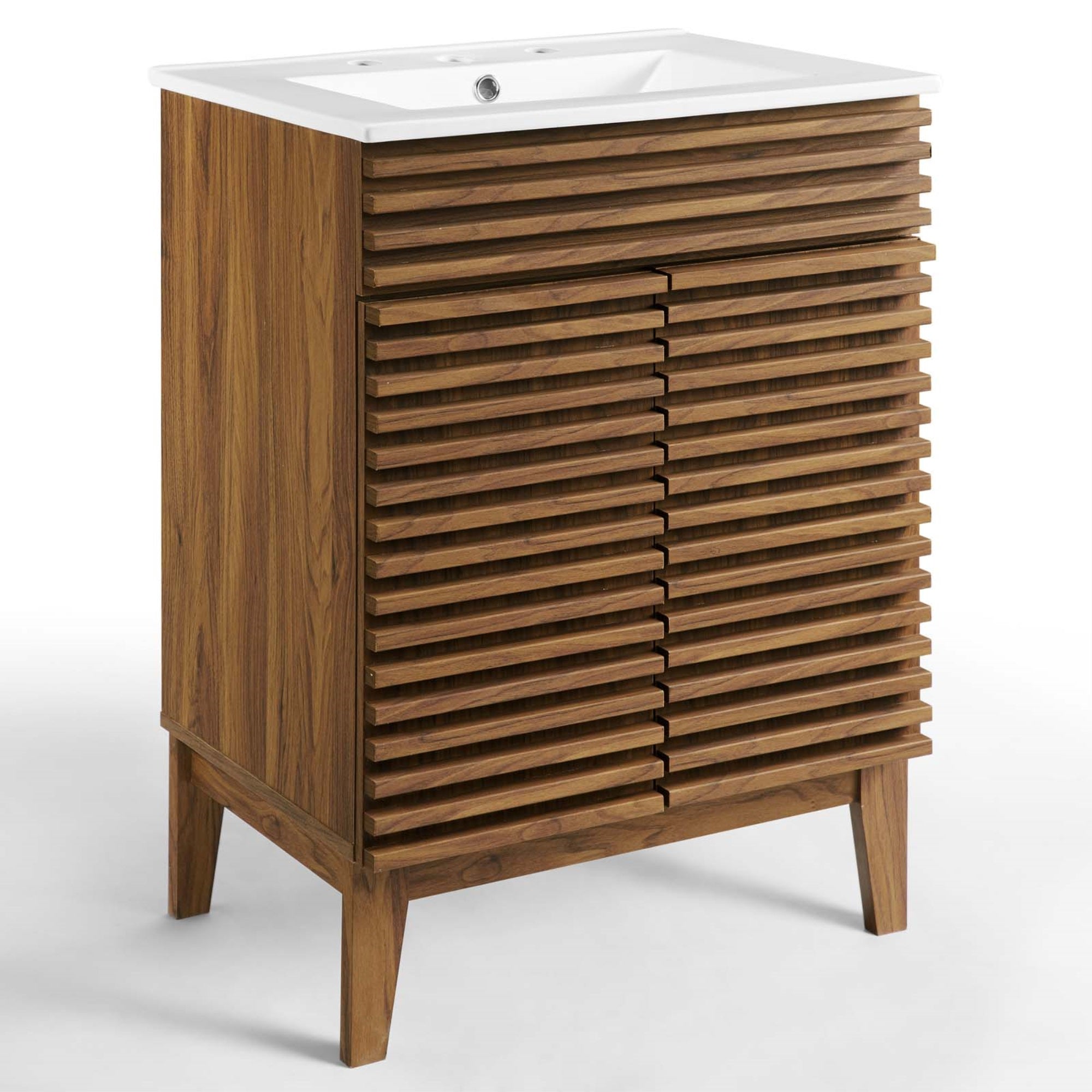 Mid-Century Modern Render Vanity With Walnut Grain Laminate, Adjustable Shelf, Soft-Close Doors, And Integrated Countertop - Assembly Required