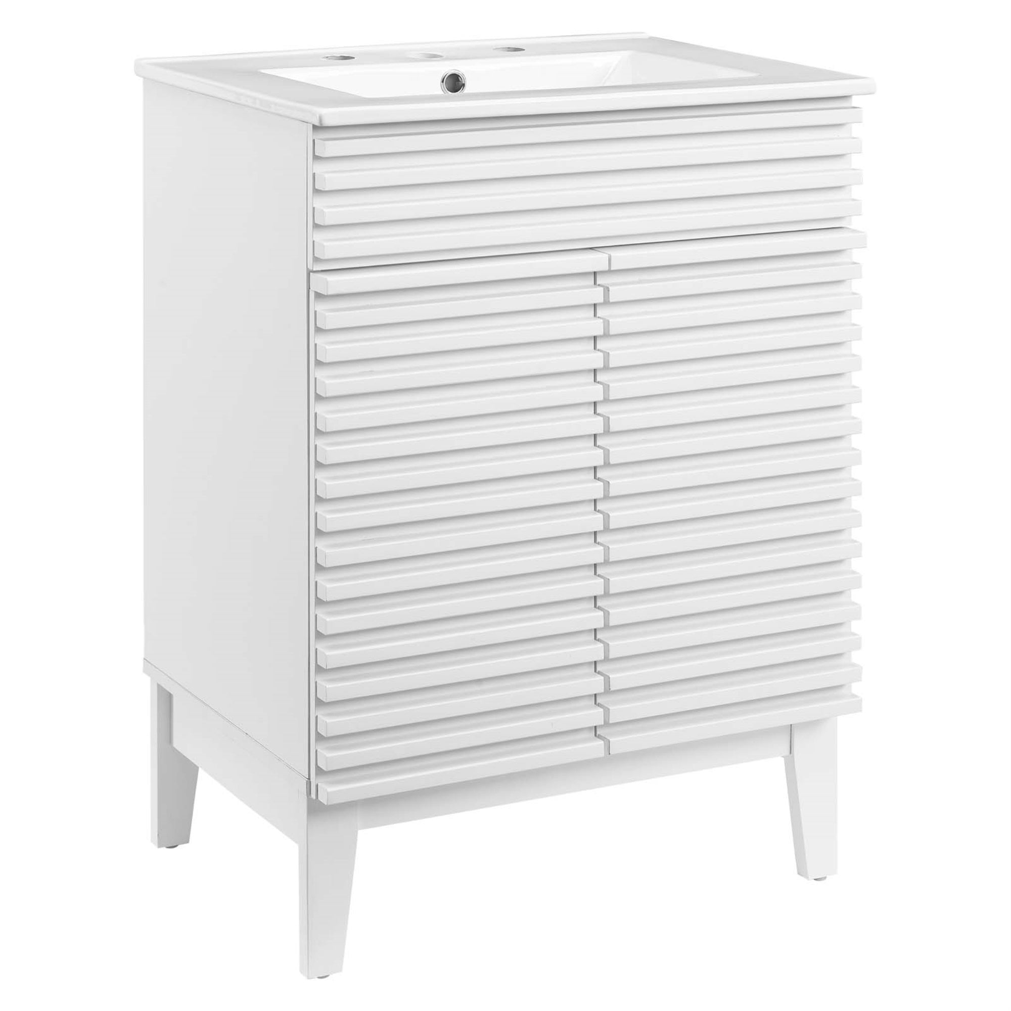 Mid-Century Modern Render Vanity With Walnut Grain Laminate, Adjustable Storage, And Elegant Basin - White
