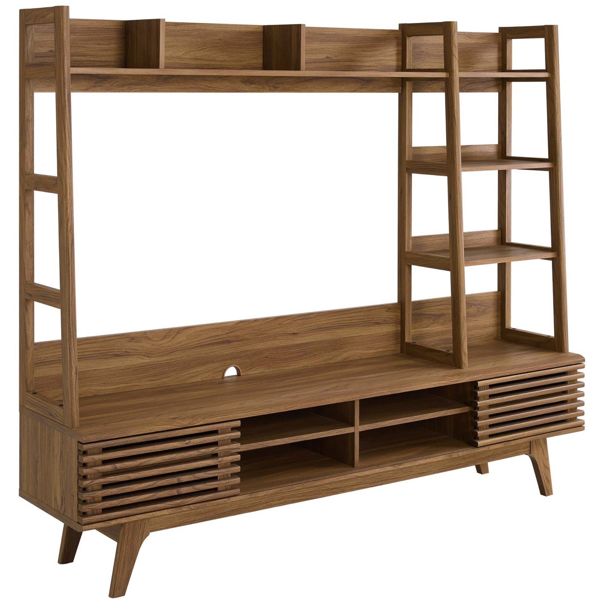 Mid-Century Modern Render Tv Stand Entertainment Center - Walnut | Sleek Design, Ample Storage, Cable Management | Fits Up To 50' Flat-Screen Tvs