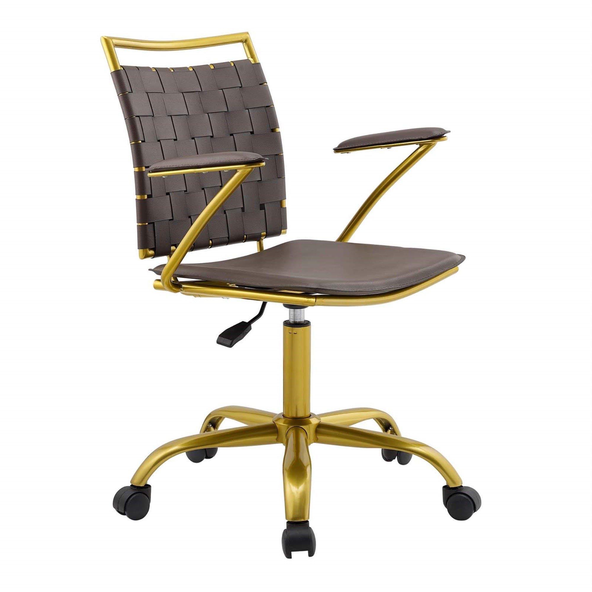 Casafoyer Fuse Webbed Back Faux Leather And Gold Metal Adjustable Office Chair, Brown
