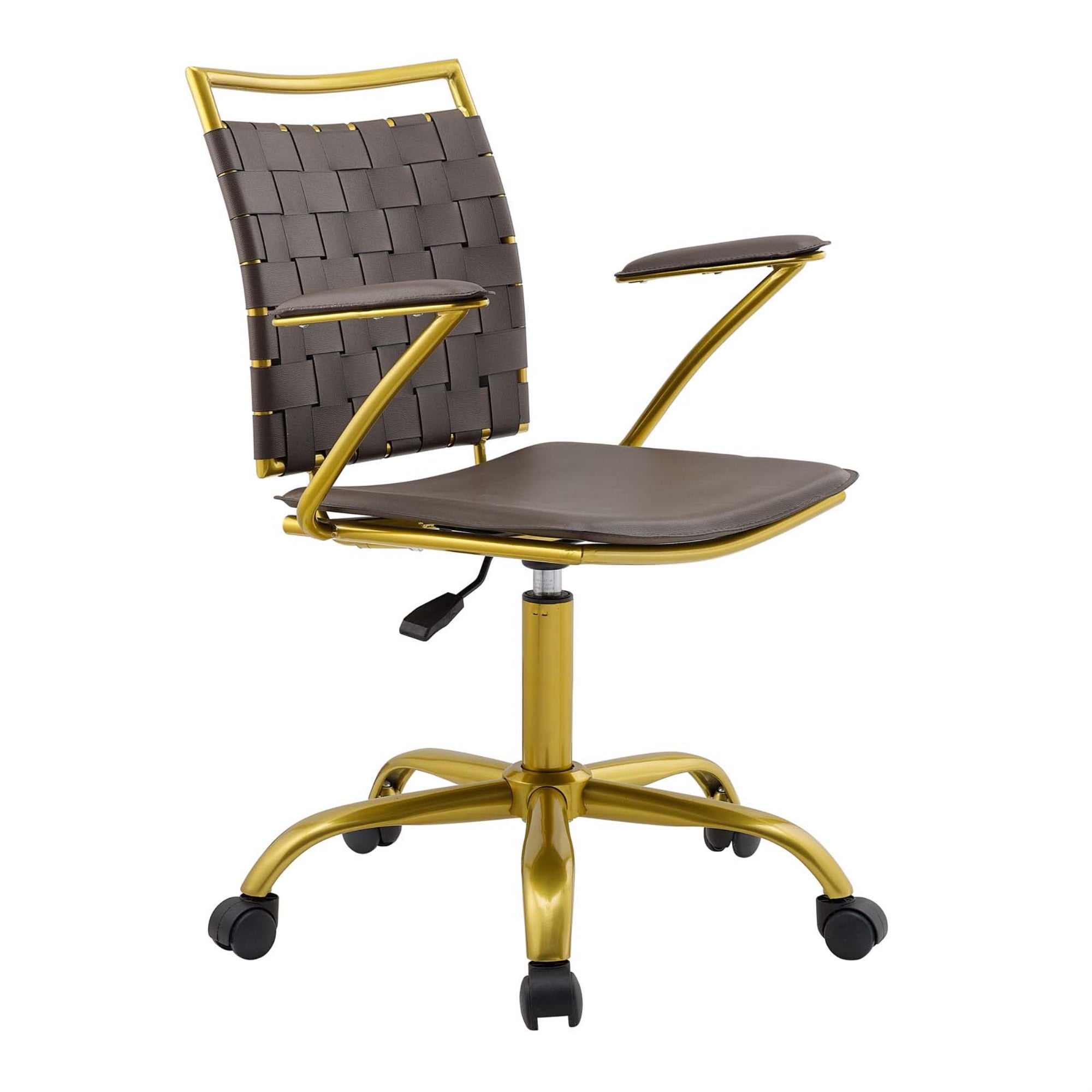 Contemporary Adjustable Height Office Chair With Faux Leather Webbing Back, Foam Cushion, And Gold-Plated Base - Stylish & Functional
