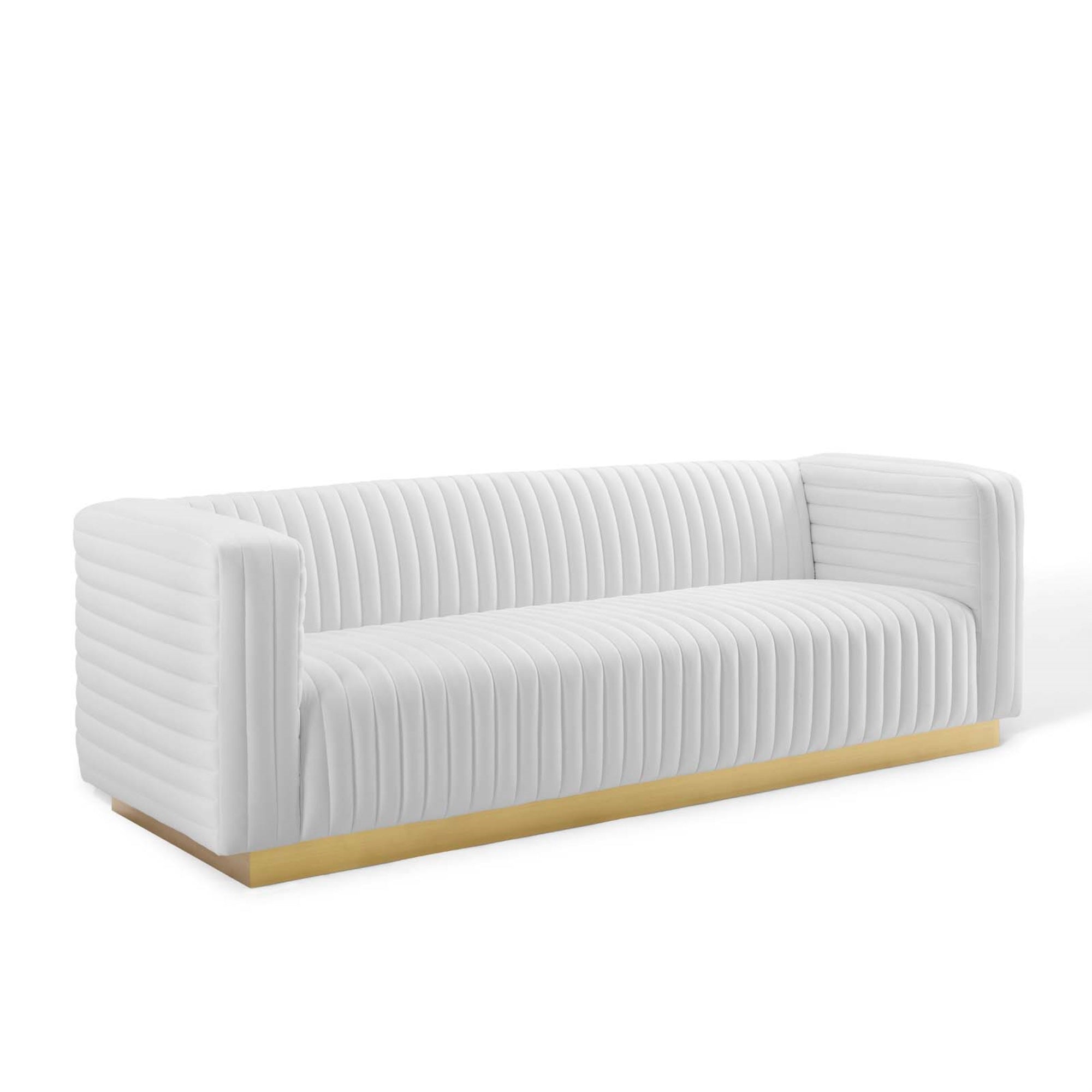 Charisma Channel Tufted Performance Velvet Living Room Sofa White