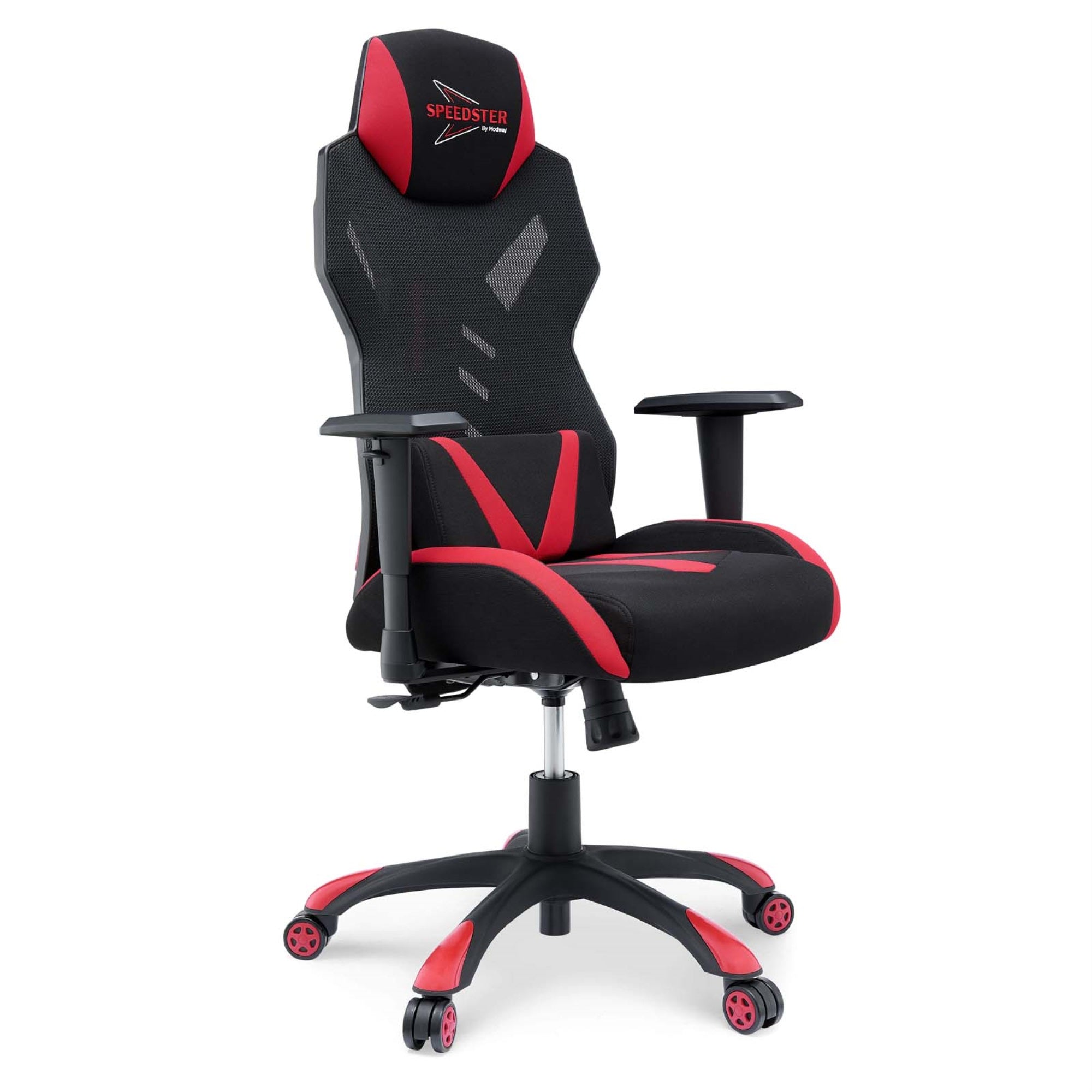 Speedster Ergonomic Mesh Gaming Computer Desk Chair - Sleek & Comfortable, Height-Adjustable Armrests, 360 Swivel, Headrest & Lumbar Cushion, Breathable Mesh Back, Tilt Tension Knob, Durable Fabric Upholstery, Black Red Design, 331 Lbs Weight Capacity