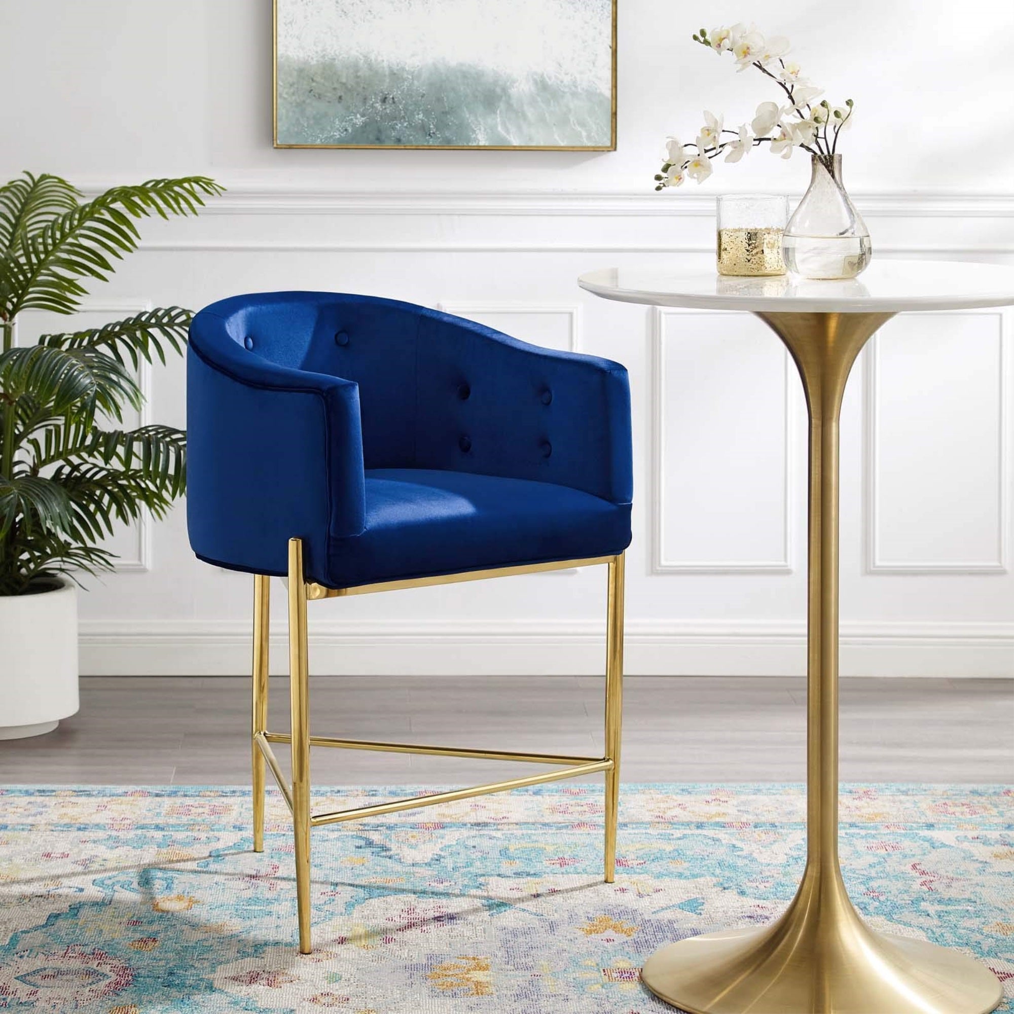 Casafoyer Savour Tufted Performance Velvet Counter Stool, Navy