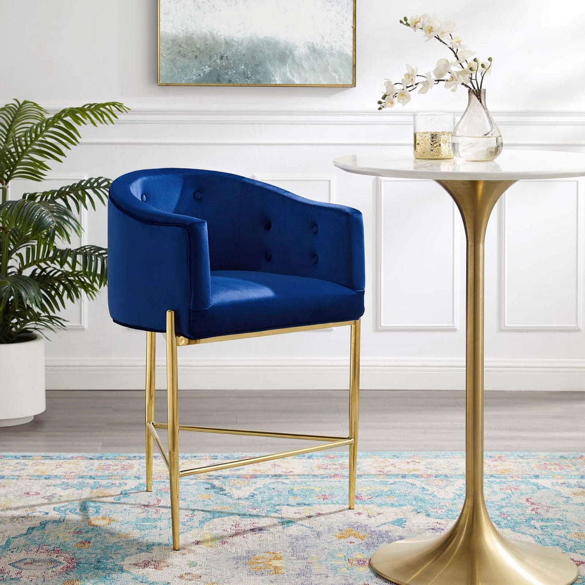 Casafoyer Savour Tufted Performance Velvet Counter Stool, Navy