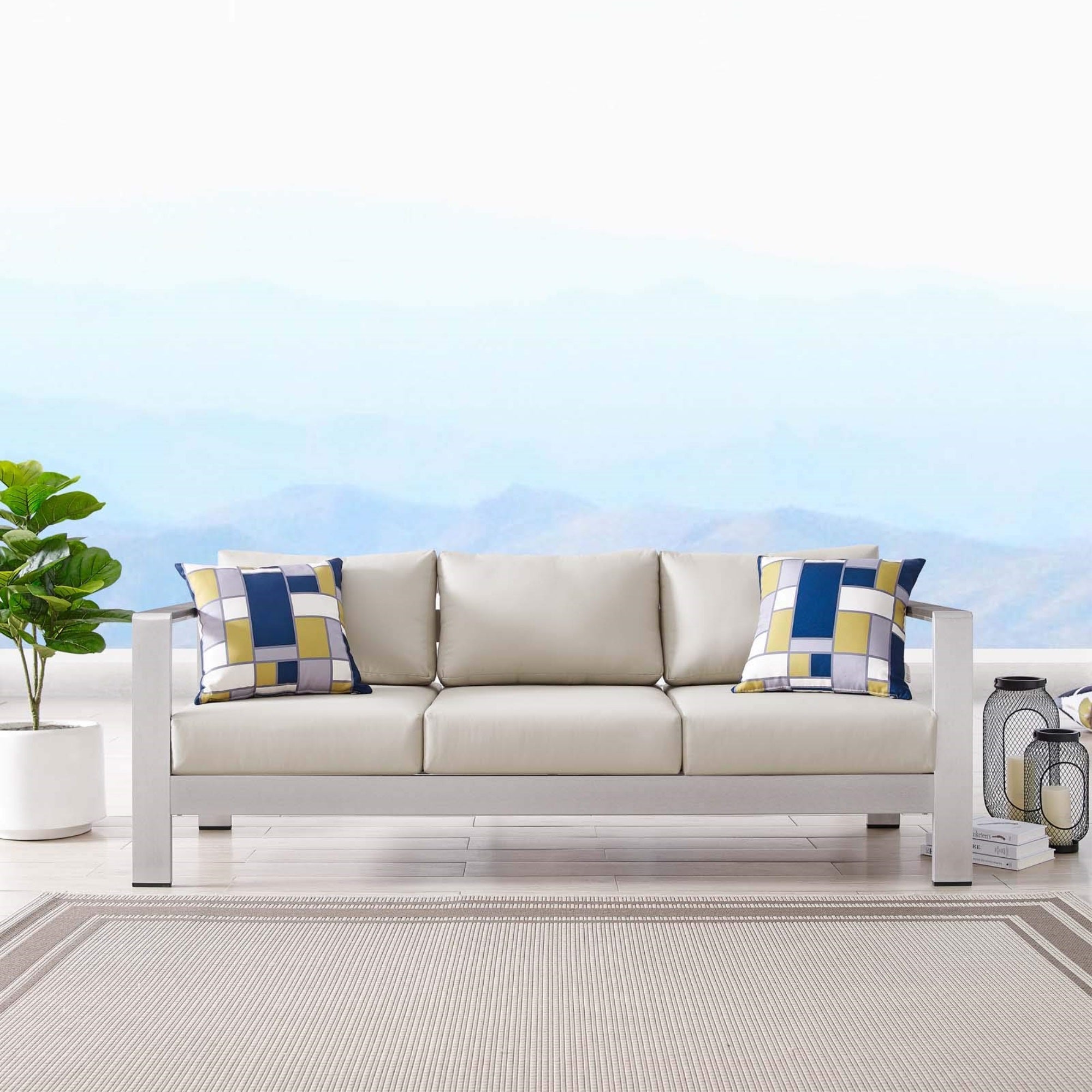 Casafoyer Shore Aluminum Metal Outdoor Patio Sofa With Silver Beige All-Weather Cushions