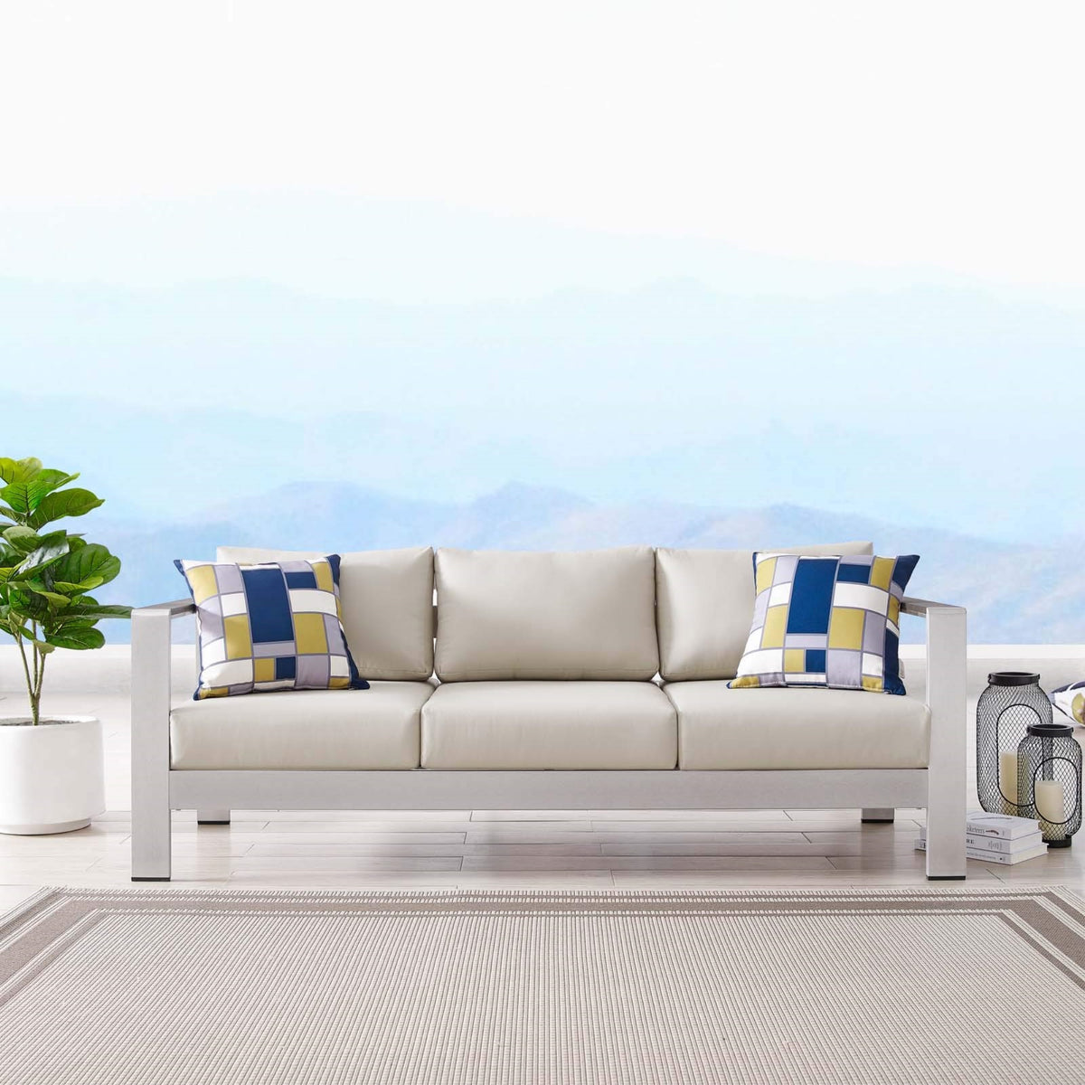 Casafoyer Shore Aluminum Metal Outdoor Patio Sofa With Silver Beige All-Weather Cushions