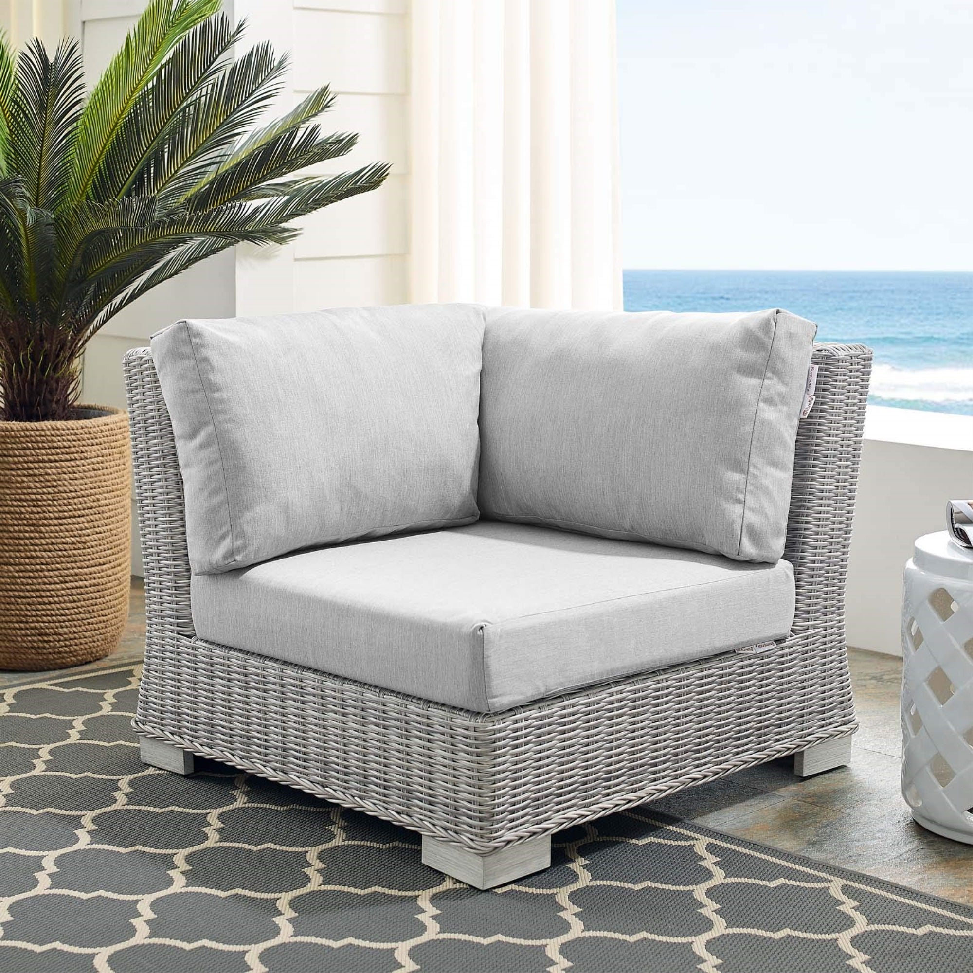 Casafoyer Conway Sunbrella Outdoor Patio Wicker Rattan, Corner Chair, Light Gray Gray
