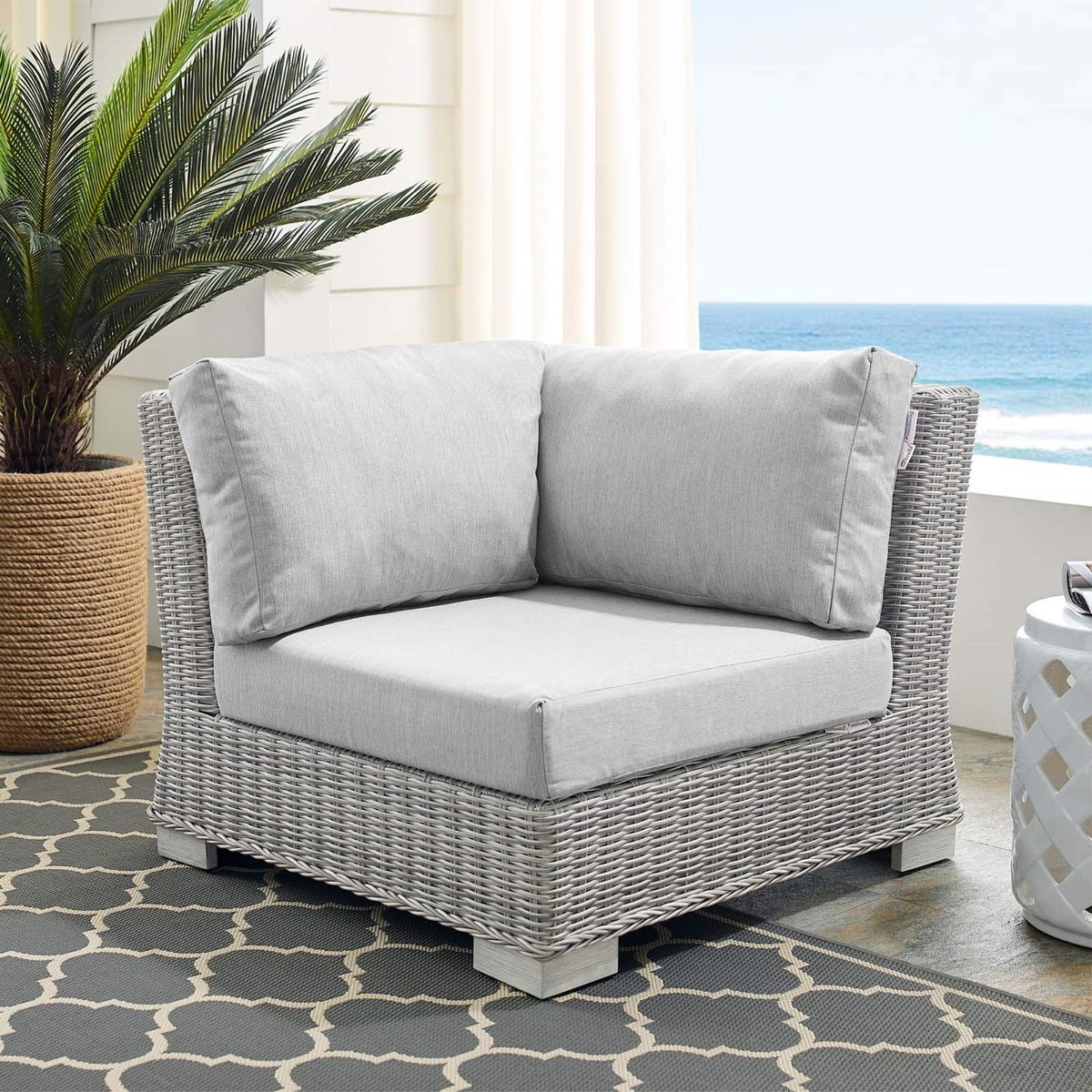 Casafoyer Conway Sunbrella Outdoor Patio Wicker Rattan, Corner Chair, Light Gray Gray