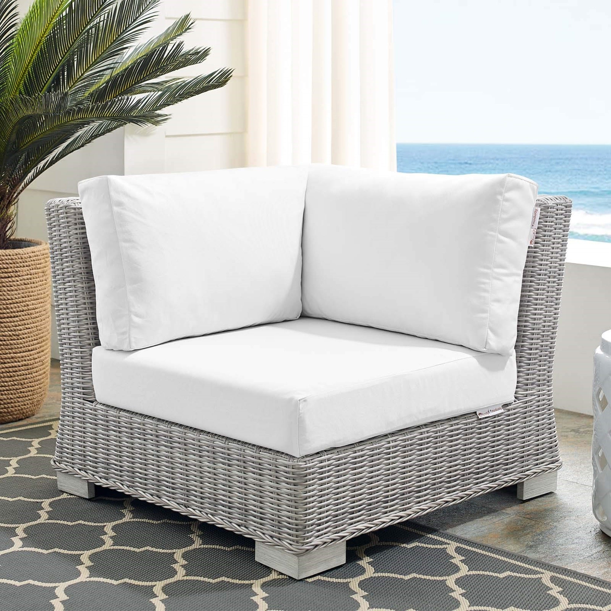 Casafoyer Conway Sunbrella Outdoor Patio Wicker Rattan, Corner Chair, Light Gray White