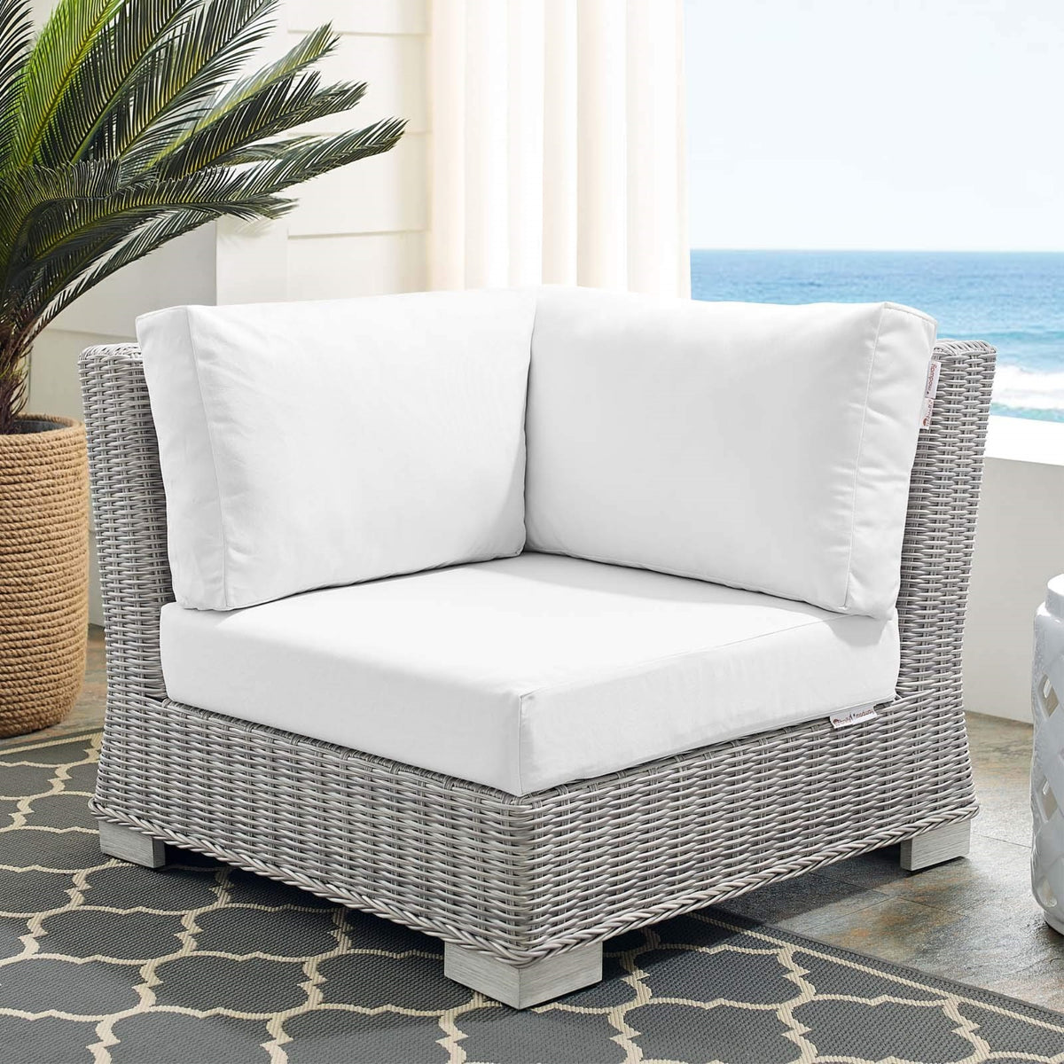 Casafoyer Conway Sunbrella Outdoor Patio Wicker Rattan, Corner Chair, Light Gray White