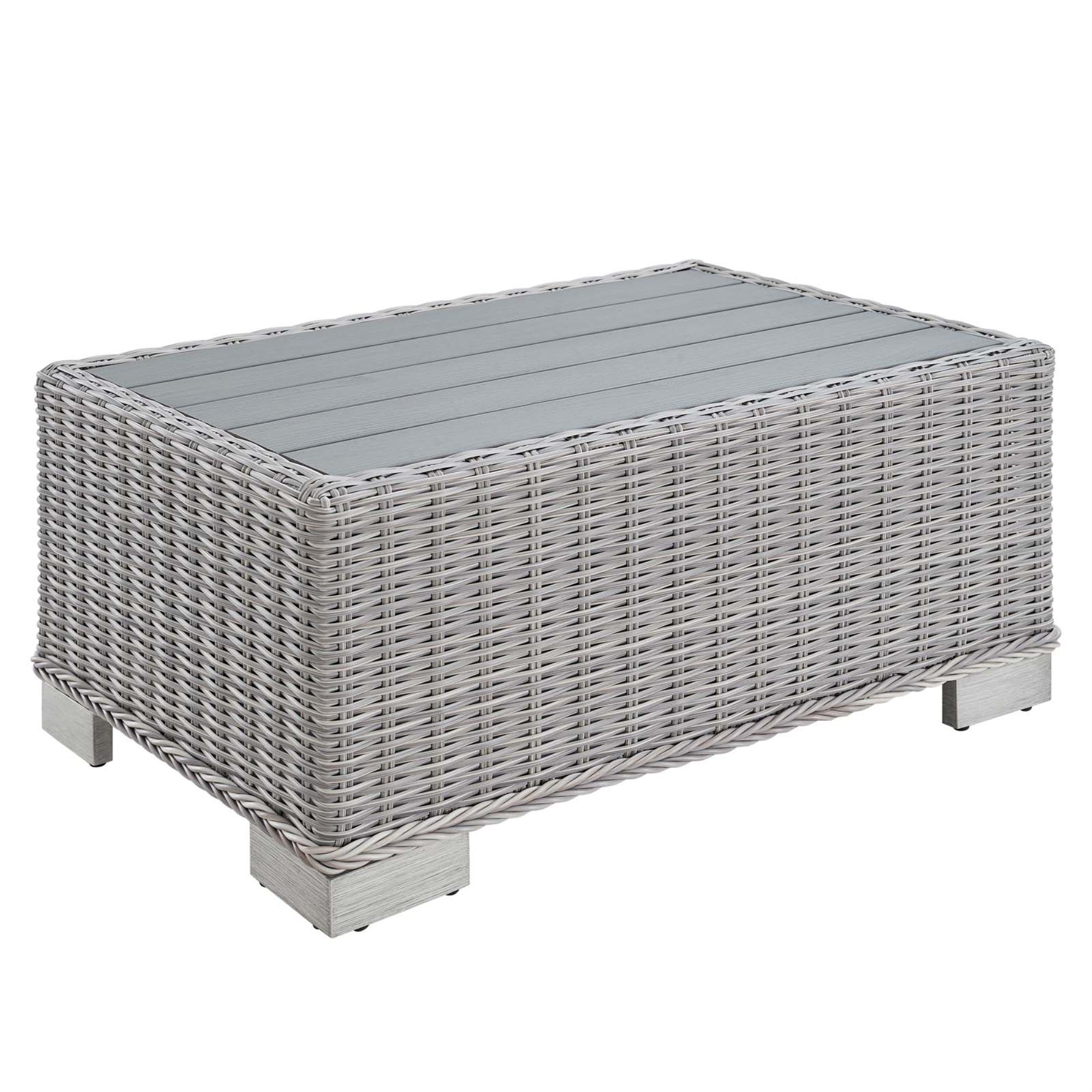 Conway Outdoor Patio Wicker Rattan Coffee Table|Light Gray|Uv Resistant|Aluminum Frame|Planked Wood-Like Top|32' Modern Design