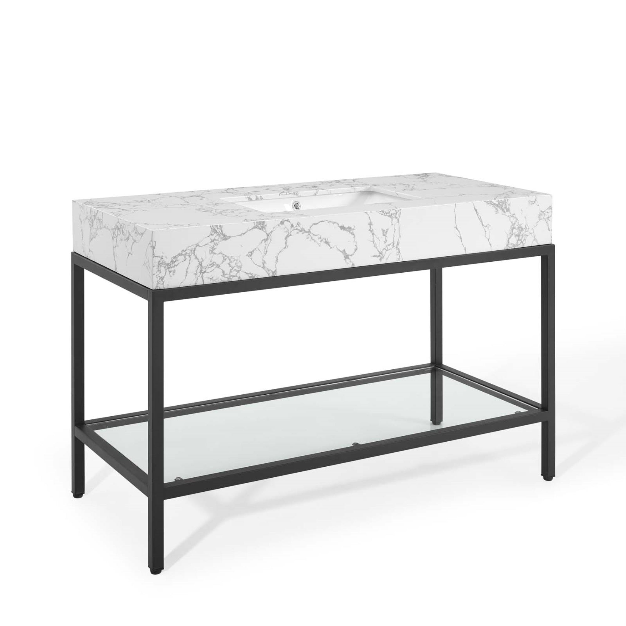 Kingsley 50' Matte Black Stainless Steel Artificial Marble Bathroom Vanity With Glass Shelf - Assembly Required, Fixtures Not Included