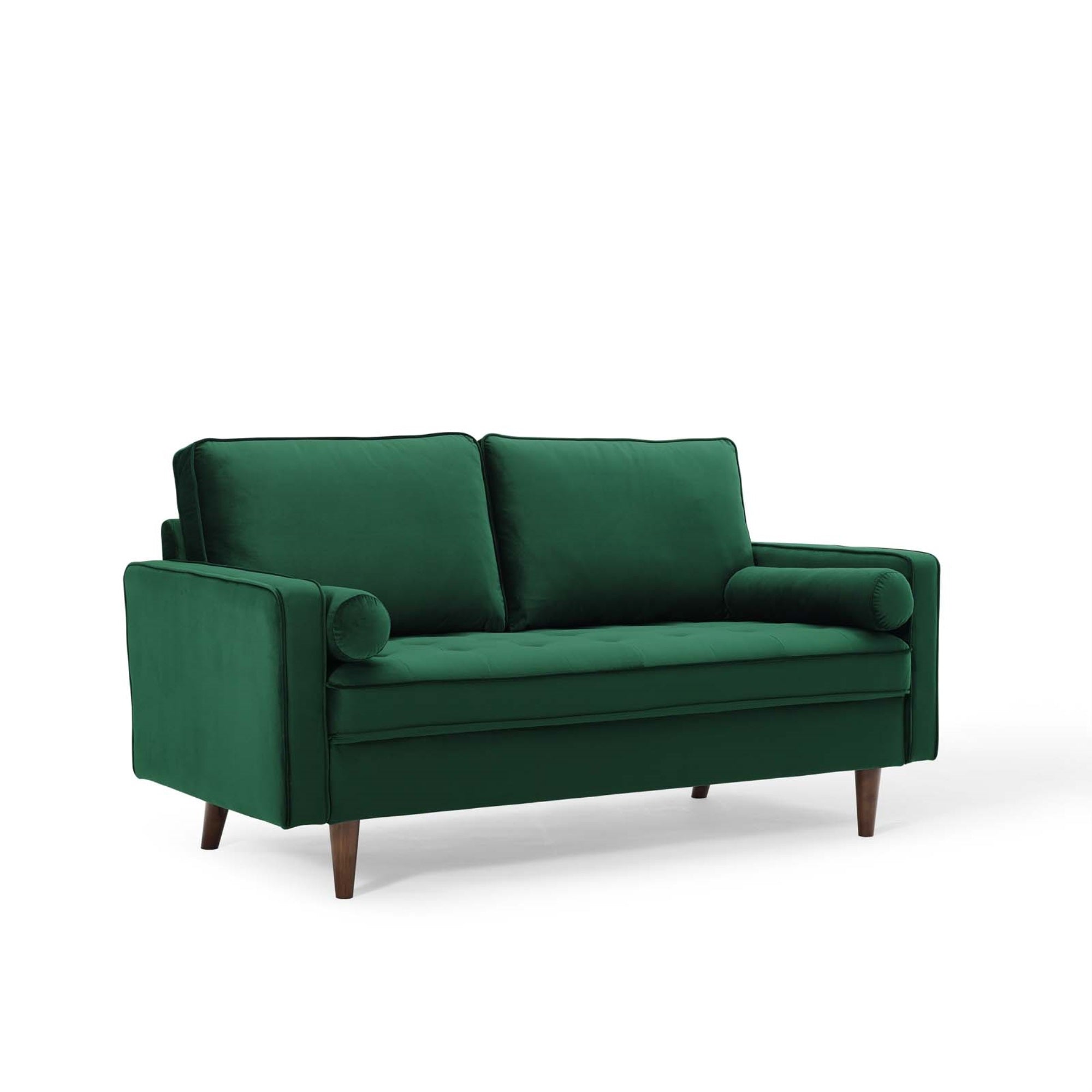 Valour Mid-Century Loveseat - Performance Velvet, Biscuit Tufting, Bolster Pillows, Walnut Legs, 600 Lbs Capacity, Portable Box Shipping