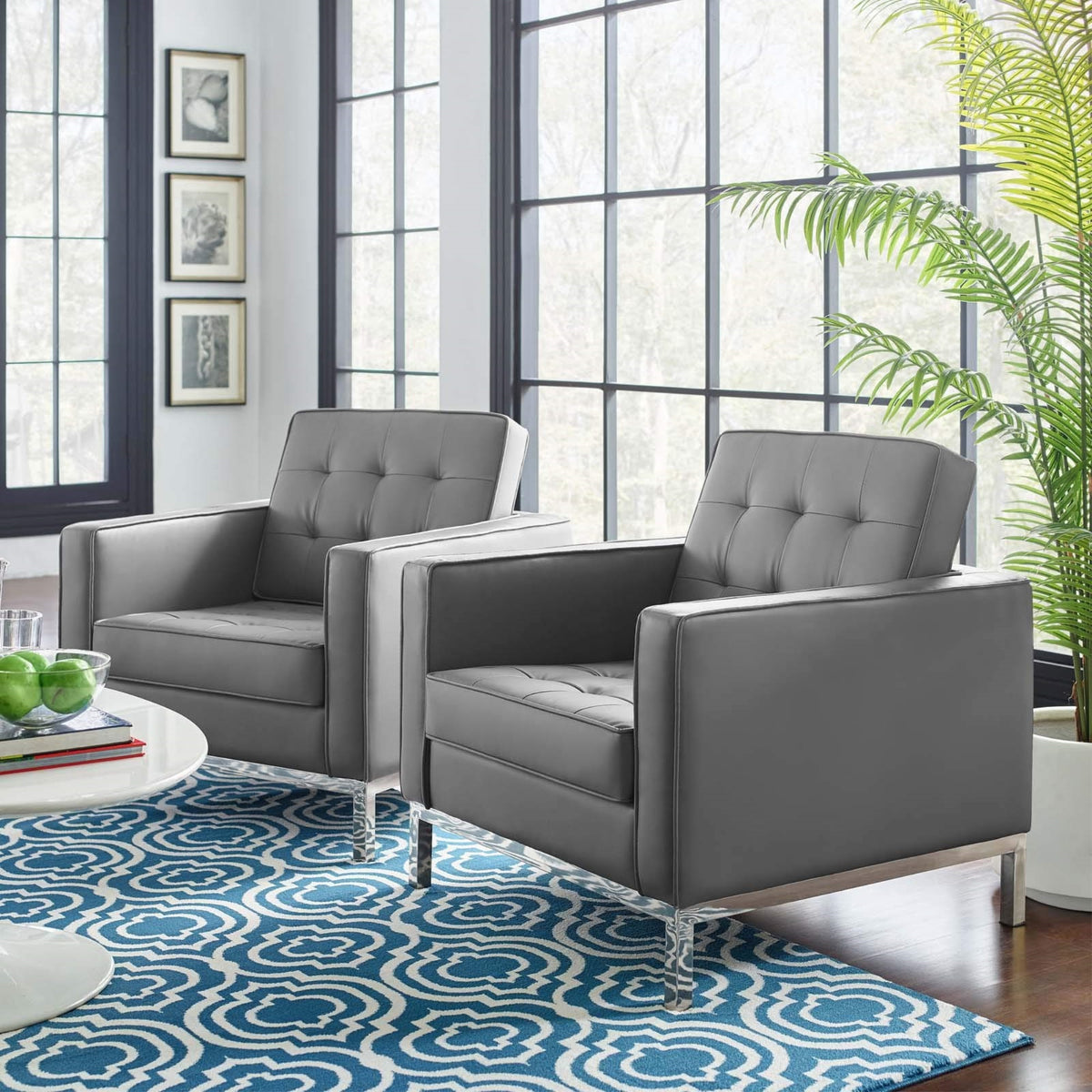 Casafoyer Loft Tufted Vegan Leather Upholstered Living Room Armchairs In Silver Gray - Set Of 2