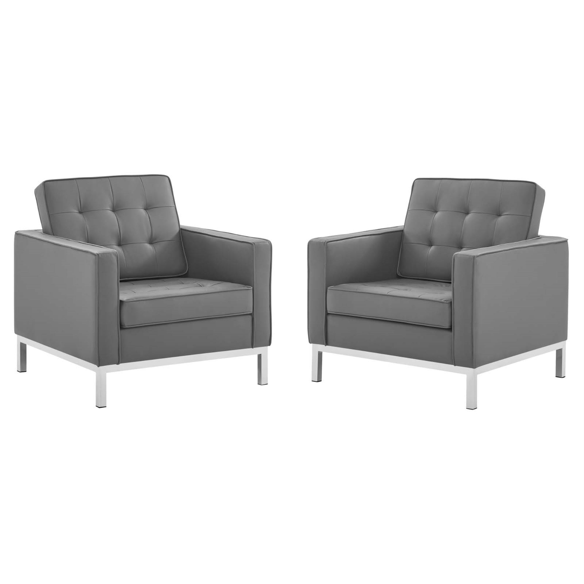 Loft Tufted Faux Leather Accent Armchair Set Of 2 - Contemporary Design, Stainless Steel Frame, Silver Legs - Supports Up To 300 Lbs